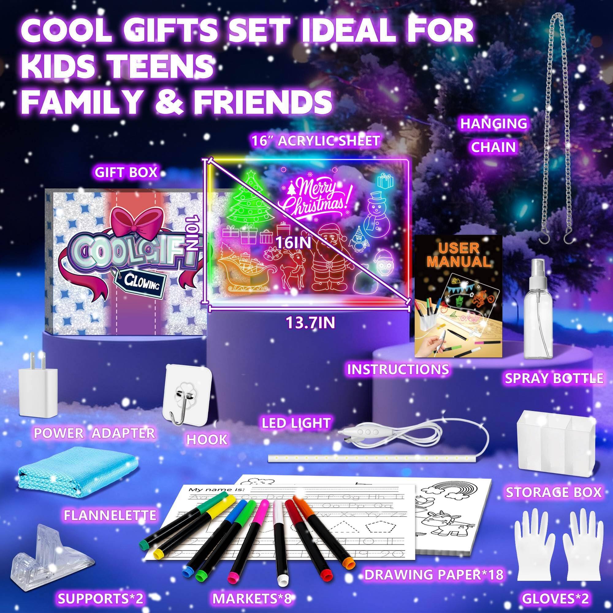 COOL GIFTS SET IDEAL FOR KIDS TEENS FAMILY & FRIENDS

- GIFT BOX
- 16" ACRYLIC SHEET
- HANGING CHAIN
- USER MANUAL
- SPRAY BOTTLE
- POWER ADAPTER
- HOOK
- LED LIGHT
- INSTRUCTIONS
- STORAGE BOX
- FLANNELETTE
- SUPPORTS*2
- MARKETS*8
- DRAWING PAPER*18
- GLOVES*2

10IN
16IN
13.7IN