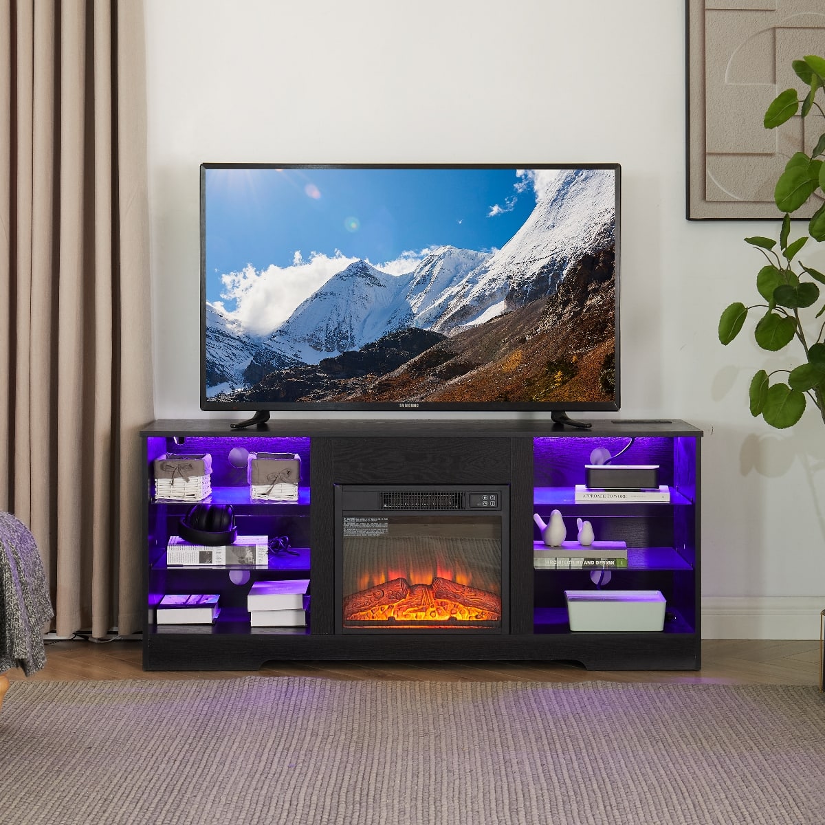 Loheer - Electric Fireplace TV Stand with LED Lights, TV Stand for 65 Inch TV, 58" W - Black