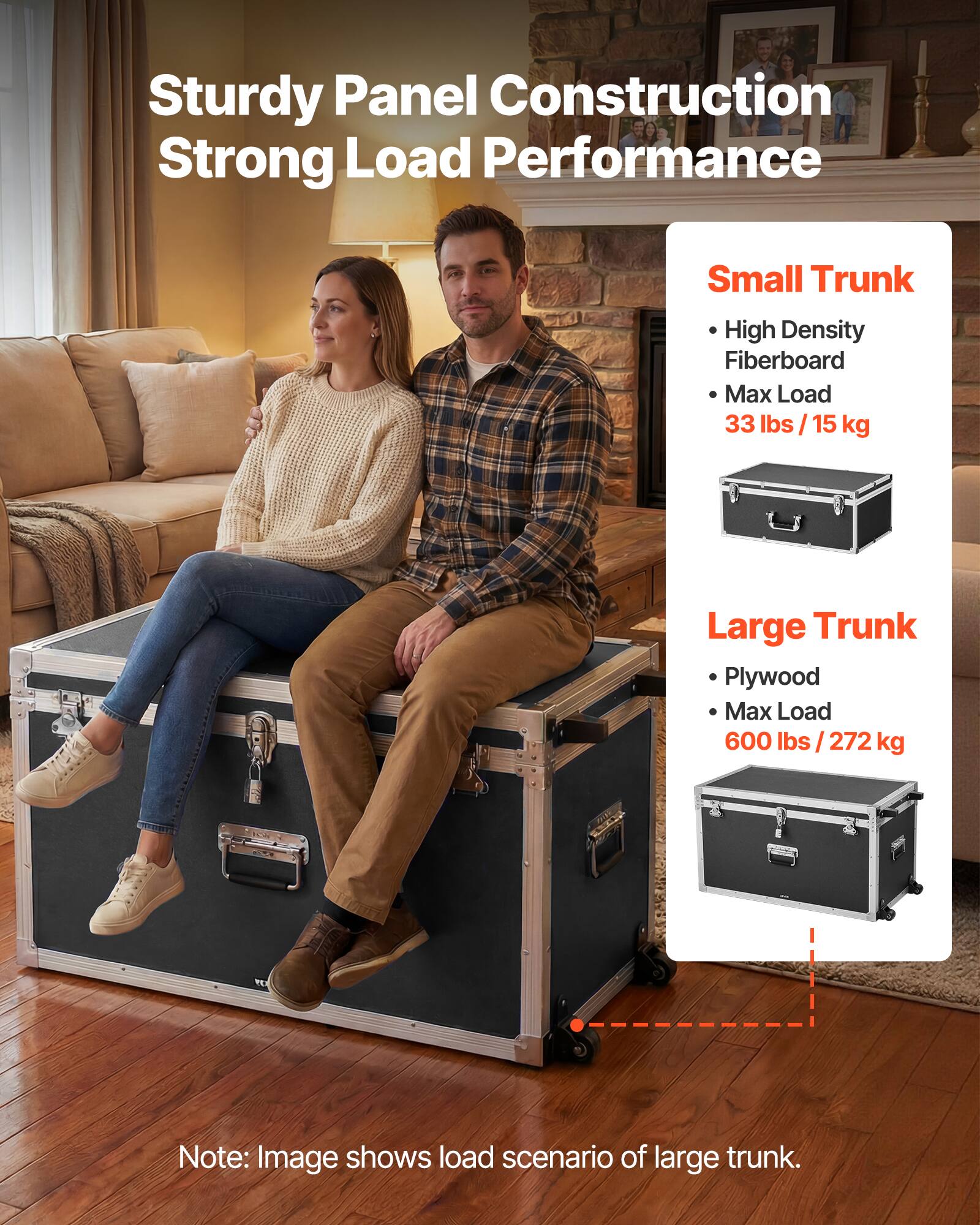 Sturdy Panel Construction  
Strong Load Performance  

Small Trunk  
- High Density Fiberboard  
- Max Load: 33 lbs / 15 kg  

Large Trunk  
- Plywood  
- Max Load: 600 lbs / 272 kg  

Note: Image shows load scenario of large trunk.