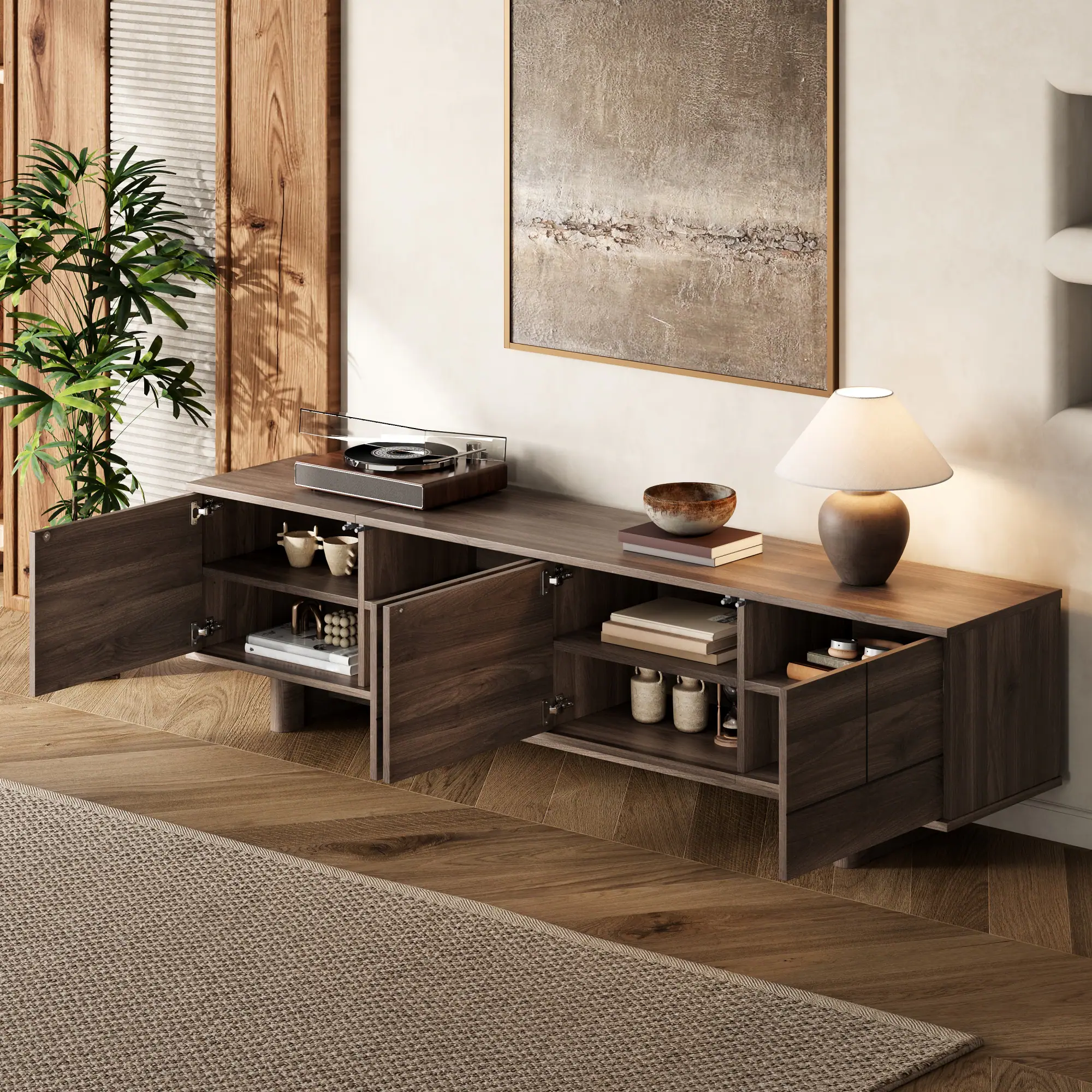 Angle. MERAVOM - Mid-Century Modern TV Stand for TVs Up to 85", Entertainment Center with Storage Cabinets, Media Console for Living Room - Dark Brown.