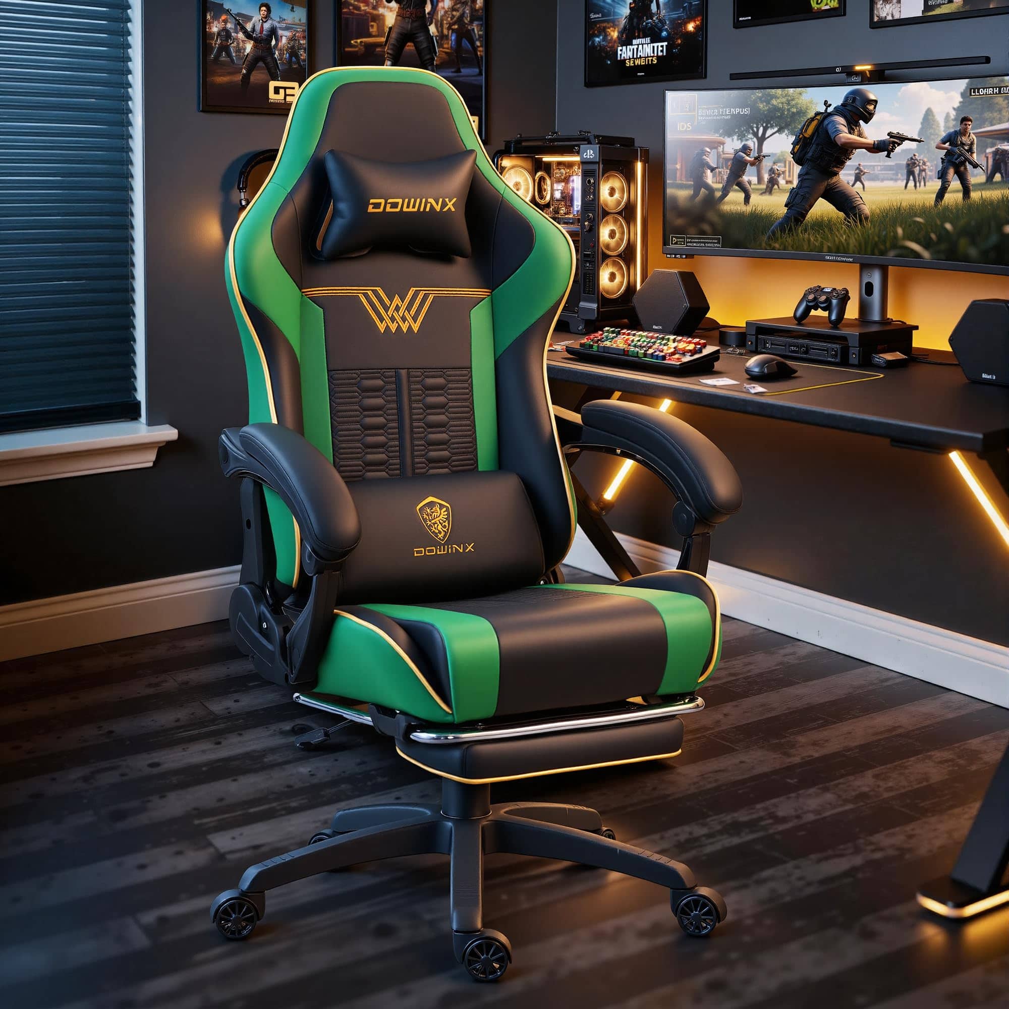 Dowinx - Ergonomic Gaming Chair with Massage Lumbar Support, Office Chair Big and Tall with Footrest&Headrest for Adults - Green