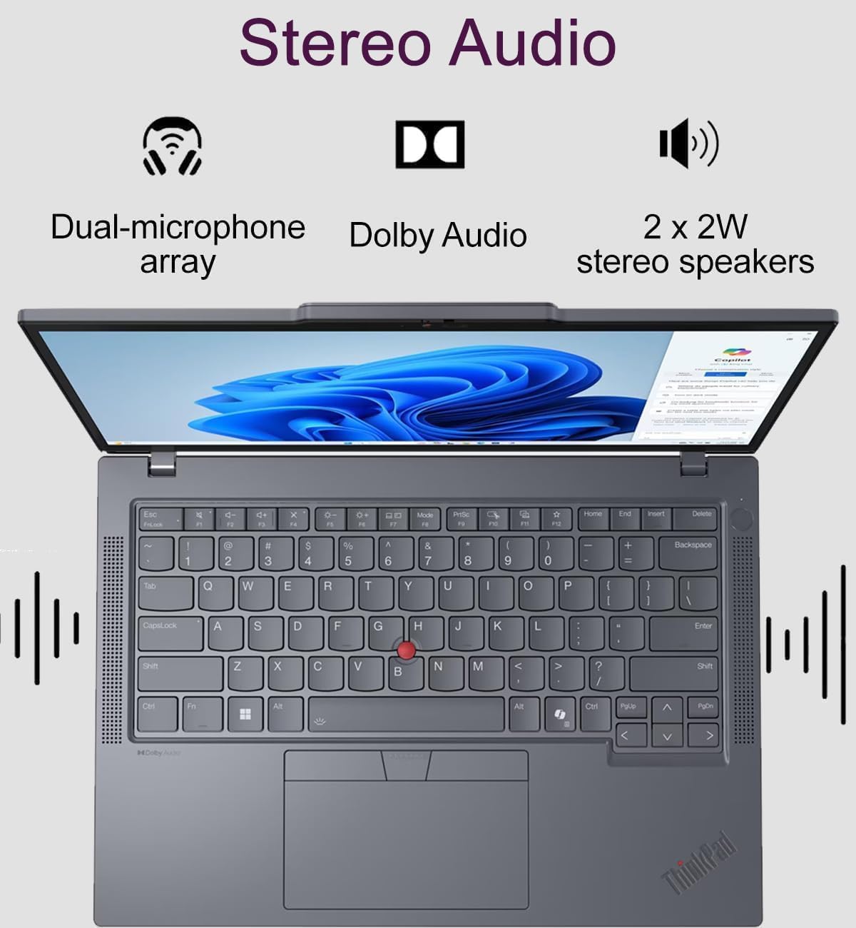 Stereo Audio  
Dual-microphone array  
Dolby Audio  
2 x 2W stereo speakers