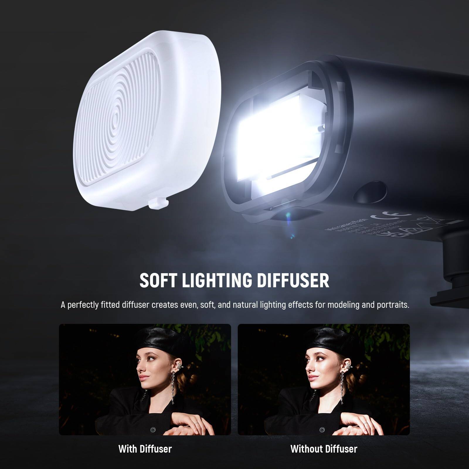 SOFT LIGHTING DIFFUSER  
A perfectly fitted diffuser creates even, soft, and natural lighting effects for modeling and portraits.  

With Diffuser  
Without Diffuser