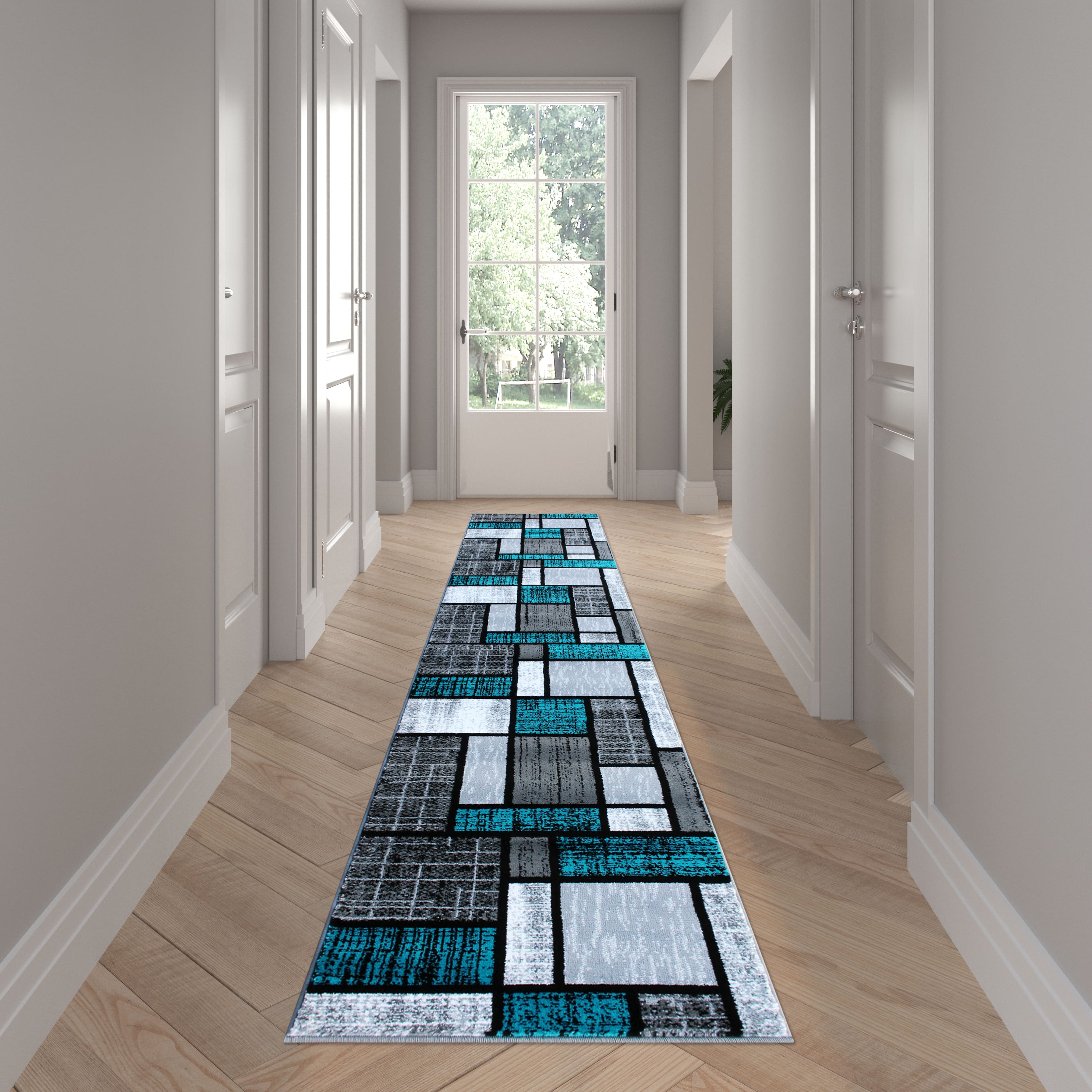 Emma + Oliver - Livia Accent Rug with Geometric Mosaic Design with Natural Jute Backing - Turquoise