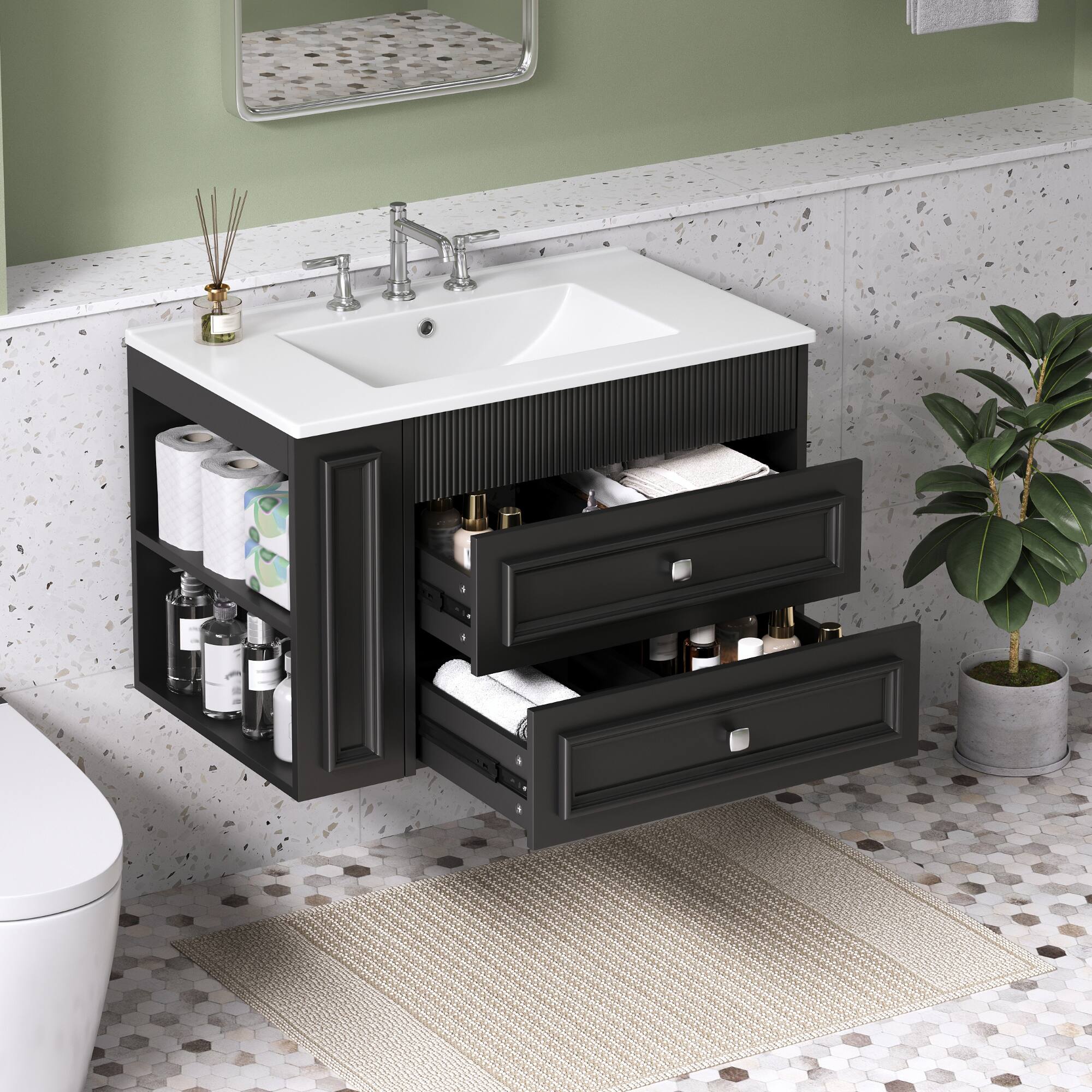 Alt View 10. Glintex - 30" Wall Mounted Bathroom Vanity with Sink, Floating Storage Cabinet, 2 Drawers, 3-Hole Single Ceramic Basin - Black.