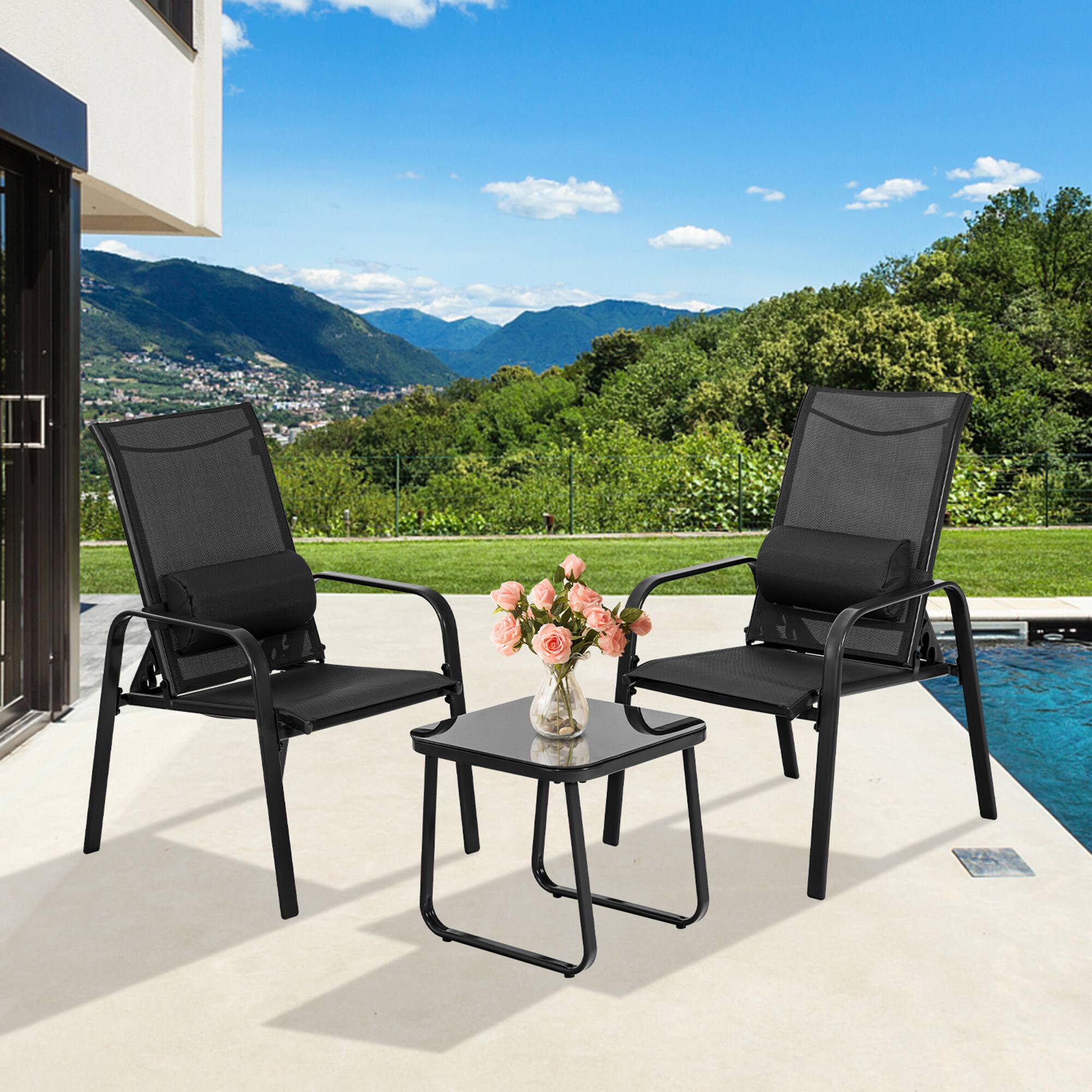 Alt View 9. Gymax - Gymax 3PCS Outdoor Bistro Set Patio Conversation Set w/ Adjustable Backrest Black - Black.