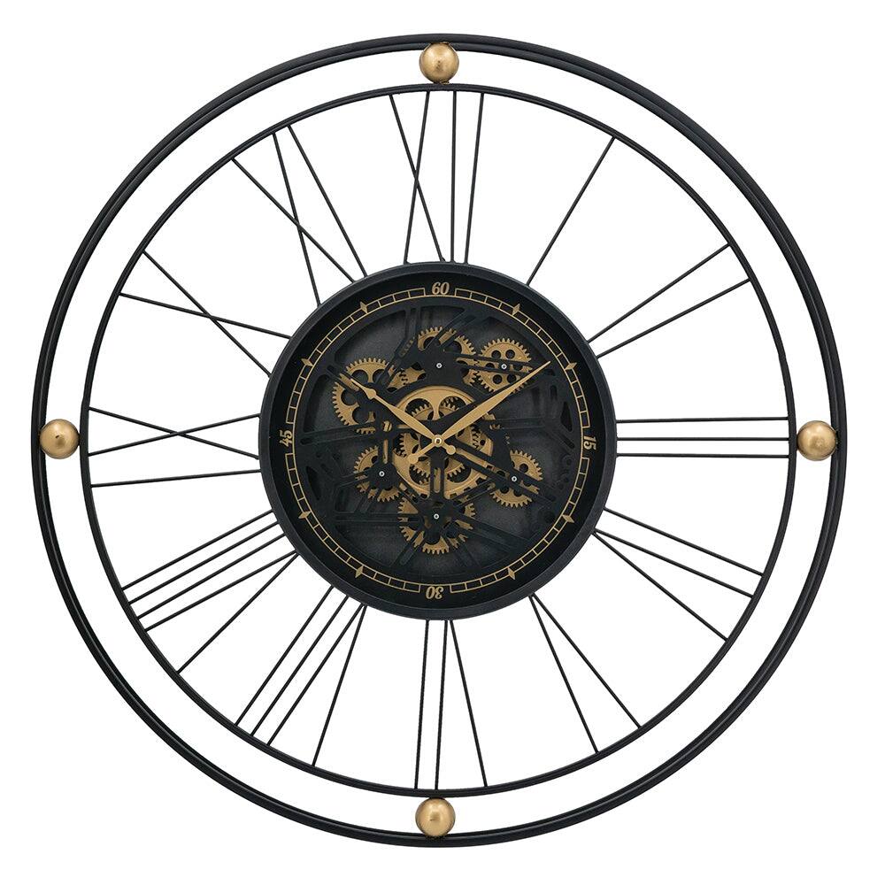 Angle. BreeBe - 31.5x3x31.5' Large Gear Clock with Roman Numerals and Thin Metal Frame, Black/Gold - Black.