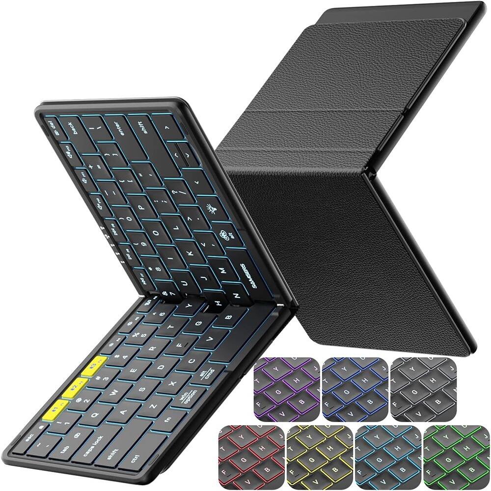 RTMB - KF08X Foldable Bluetooth Keyboard, Full-Size, Backlit, Portable, Black - Color: Black-Backlit