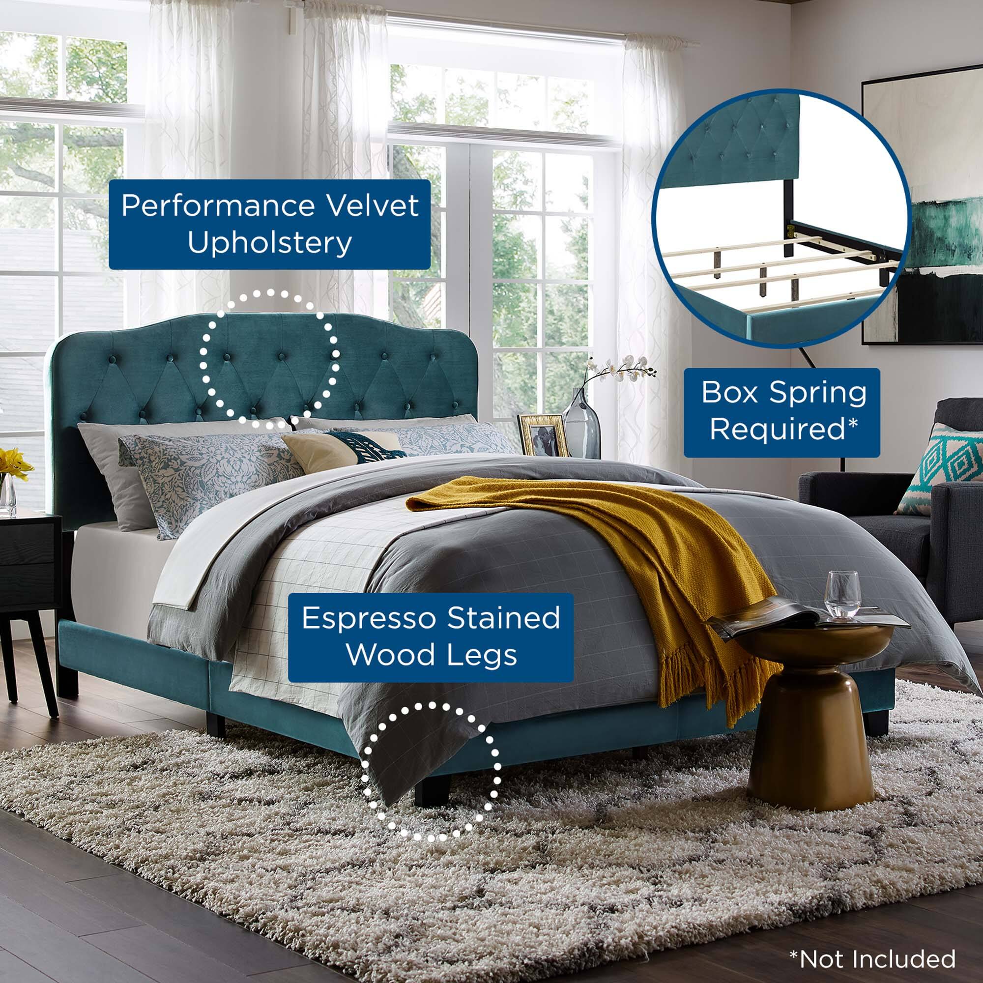 Performance Velvet Upholstery  
Box Spring Required*  
Espresso Stained Wood Legs  
*Not Included