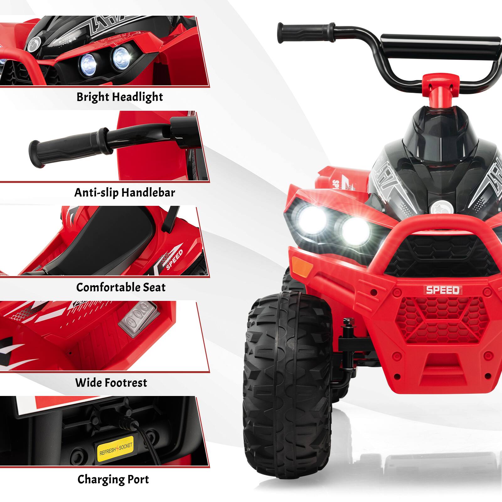 - Bright Headlight
- Anti-slip Handlebar
- Comfortable Seat
- Wide Footrest
- Charging Port