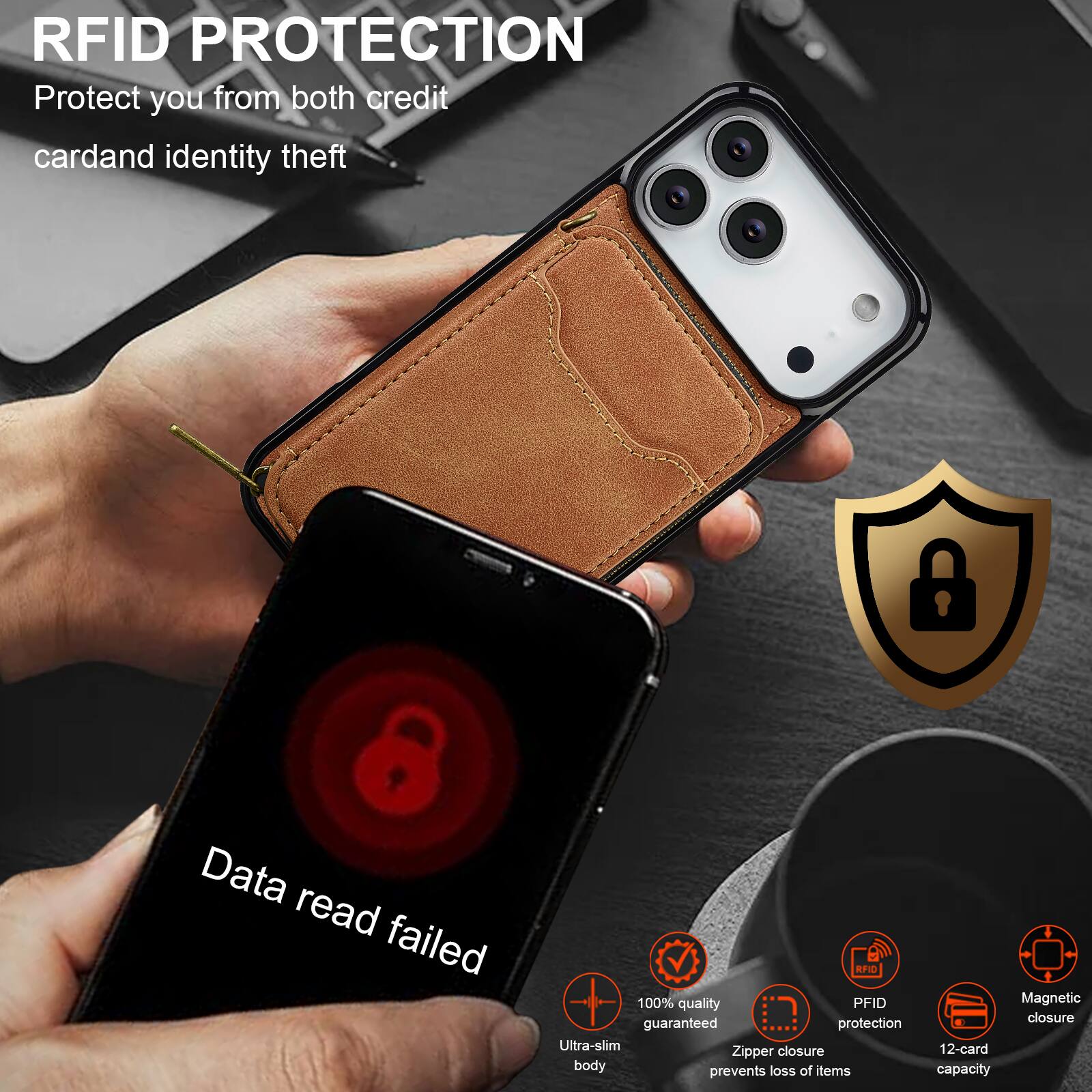 RFID PROTECTION  
Protect you from both credit card and identity theft  

Data read failed  

100% quality guaranteed protection  
Ultra-slim closure  
Zipper body prevents loss of items  
Magnetic closure  
12-card capacity  

RFID PROTECTION  
Protect you from both credit card and identity theft  

100% quality guaranteed  
RFID protection  
Zipper closure prevents loss of items  
Magnetic closure  
12-card capacity