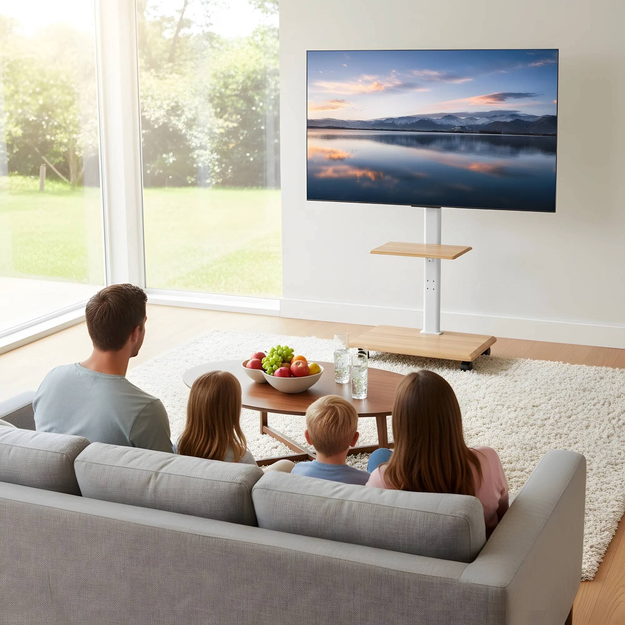 Alt View 7. Winado - Rolling TV Stand for 32–70 Inch TVs, Swivel Floor TV Stand w/Dual-Shelf, Max VESA 600x400mm Height Adjustable Up to 88lb - White & Light Oak.