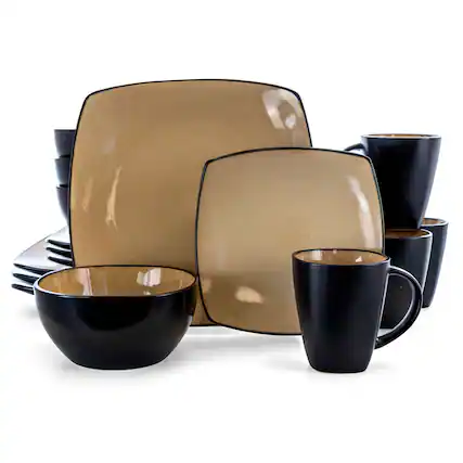 Front. Gibson - Soho Lounge 16 pc Dinnerware, Taupe Square Shape (Service for 4) - Taupe.