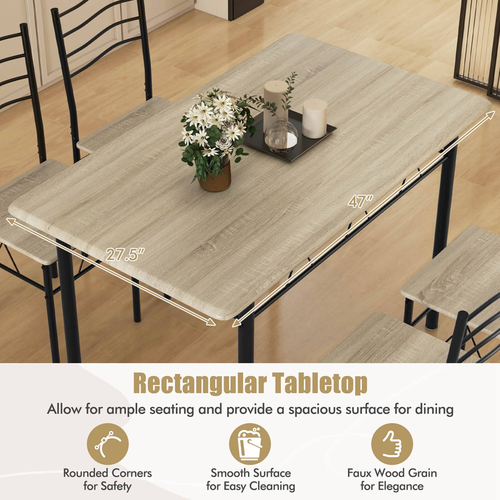 The text on the image reads: "47" 27.5" Rectangular Tabletop Allow for ample seating and provide a spacious surface for dining Rounded Corners for Safety Smooth Surface for Easy Cleaning Faux Wood Grain for Elegance."