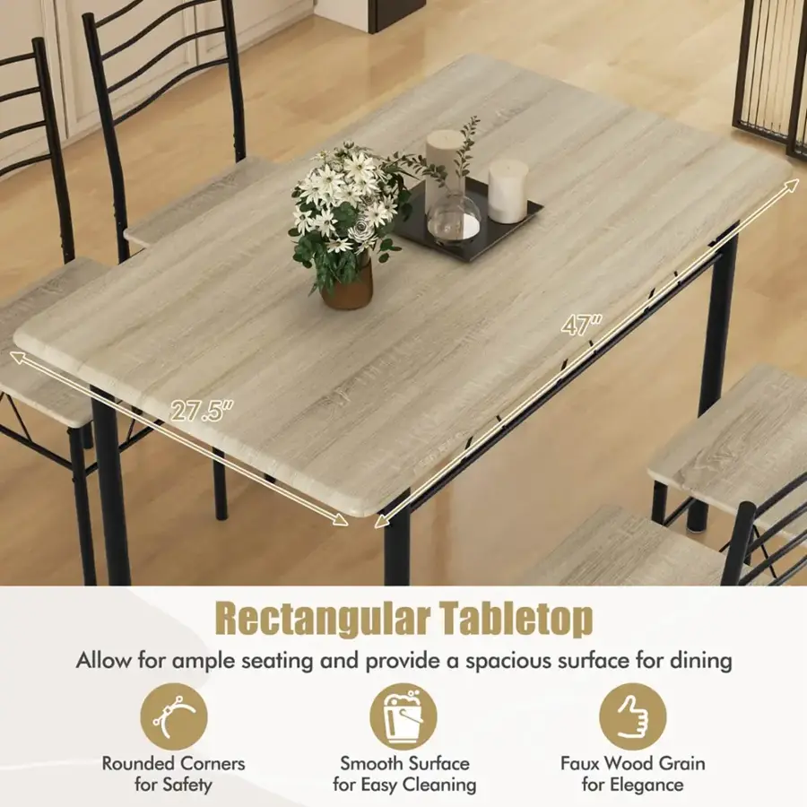 The text on the image reads: "47" 27.5" Rectangular Tabletop Allow for ample seating and provide a spacious surface for dining Rounded Corners for Safety Smooth Surface for Easy Cleaning Faux Wood Grain for Elegance."