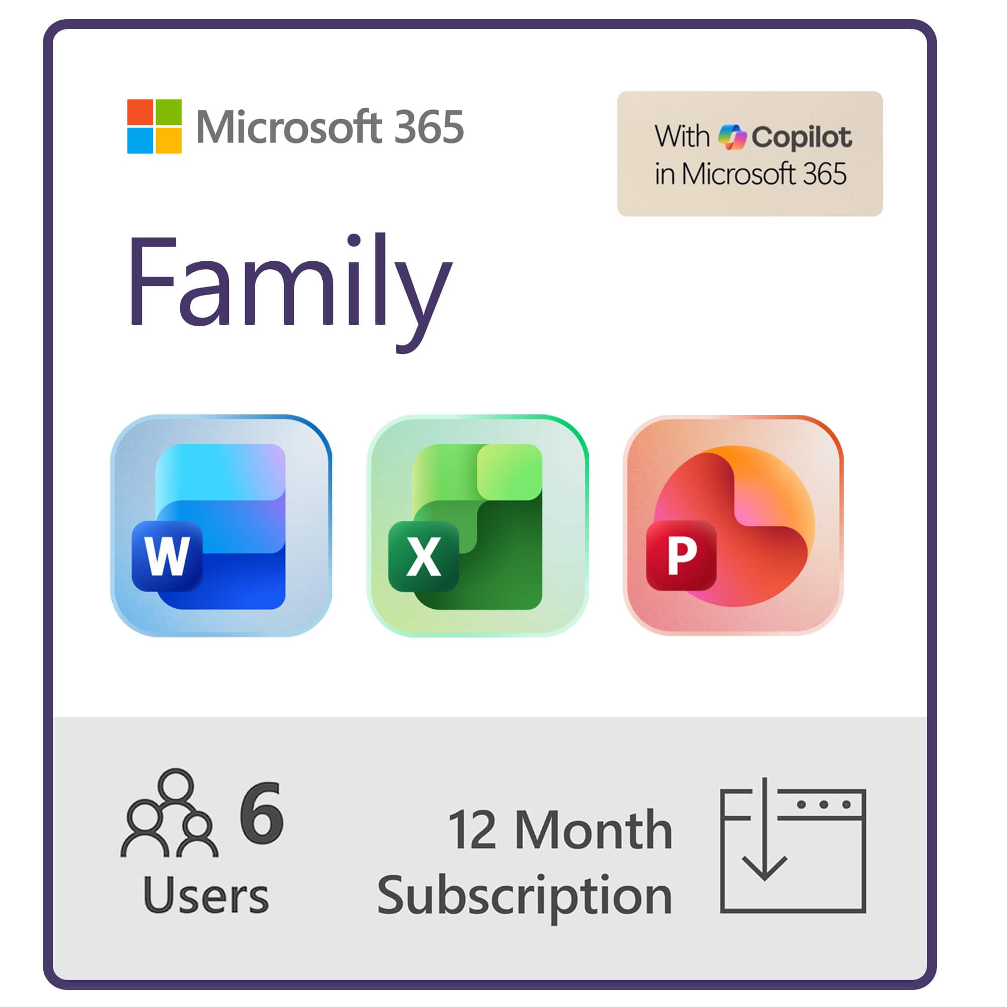 Microsoft 365 Family
With Copilot in Microsoft 365
6 Users
12 Month Subscription