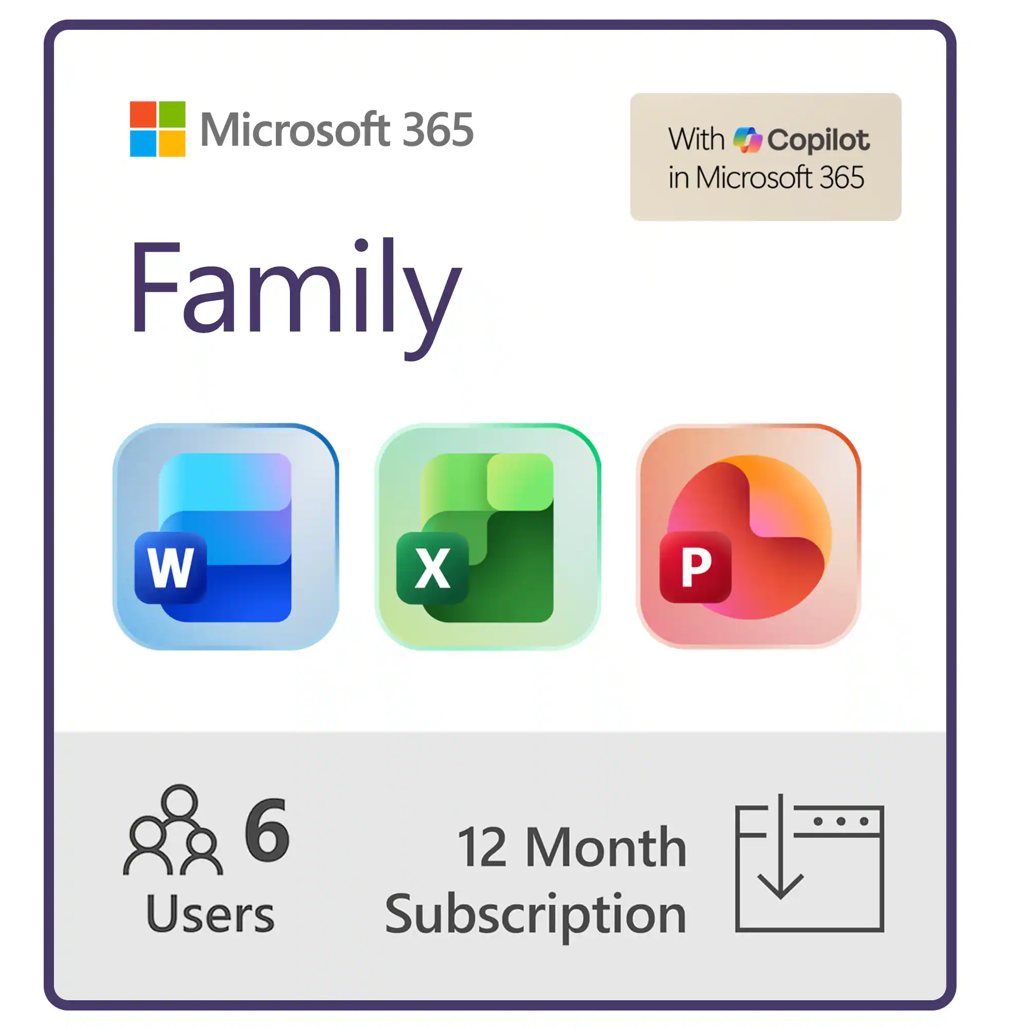 Microsoft 365 Family
With Copilot in Microsoft 365
6 Users
12 Month Subscription