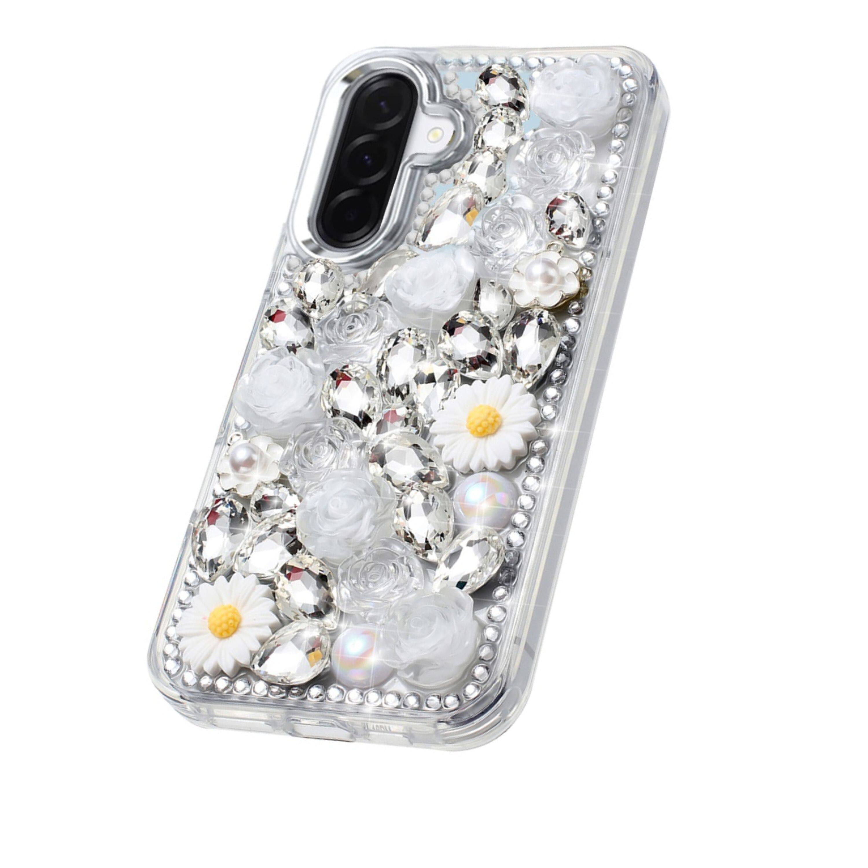 Angle. Kitcheniva - Fashionable 3D Jewel Bling Rhinestone Case With Tempered Glass For Samsung A37 White - White.