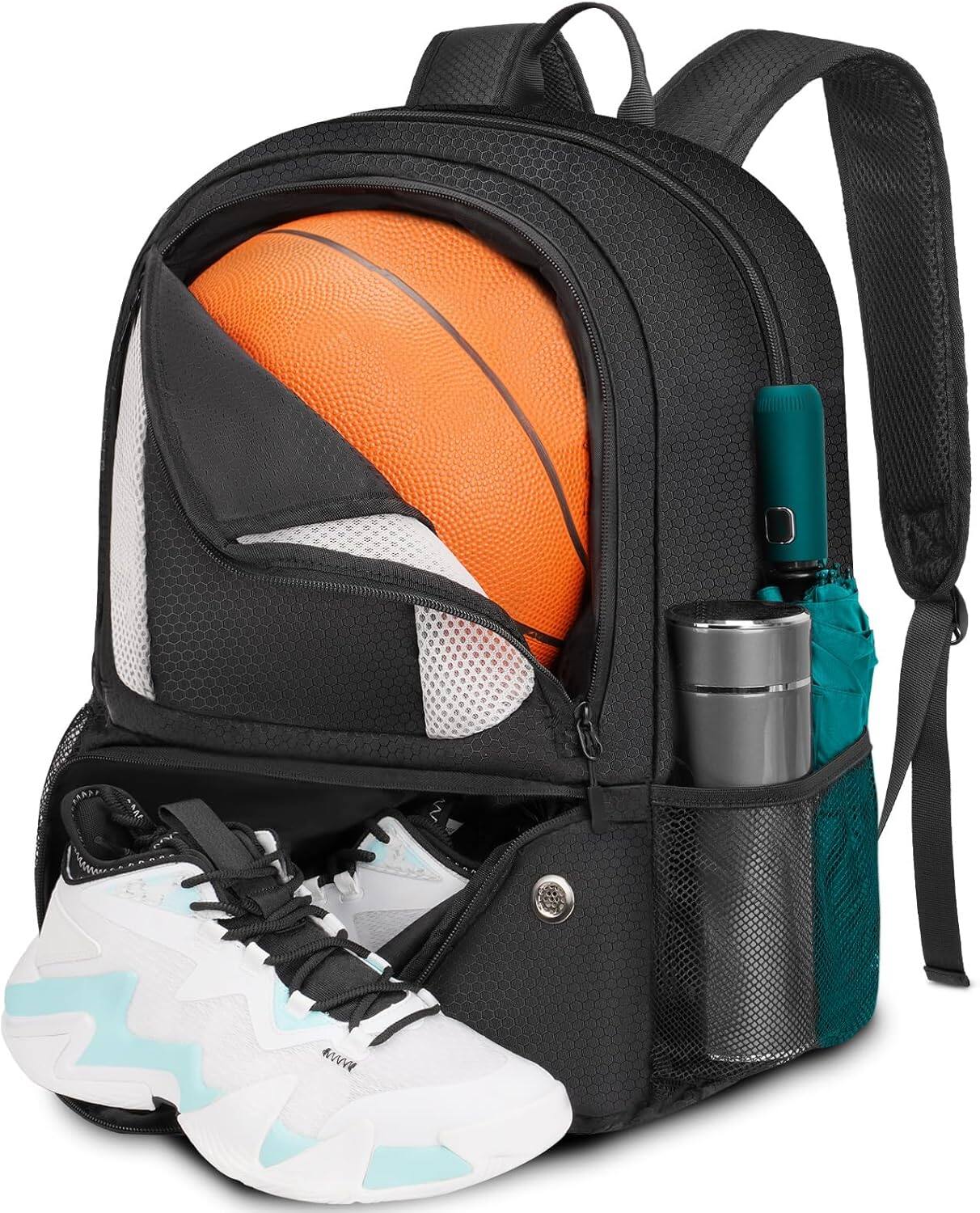Front. Vulpecula Spade - Basketball Backpack, Lightweight Basketball Bag with Ball Holder & Shoes Compartment - Black.