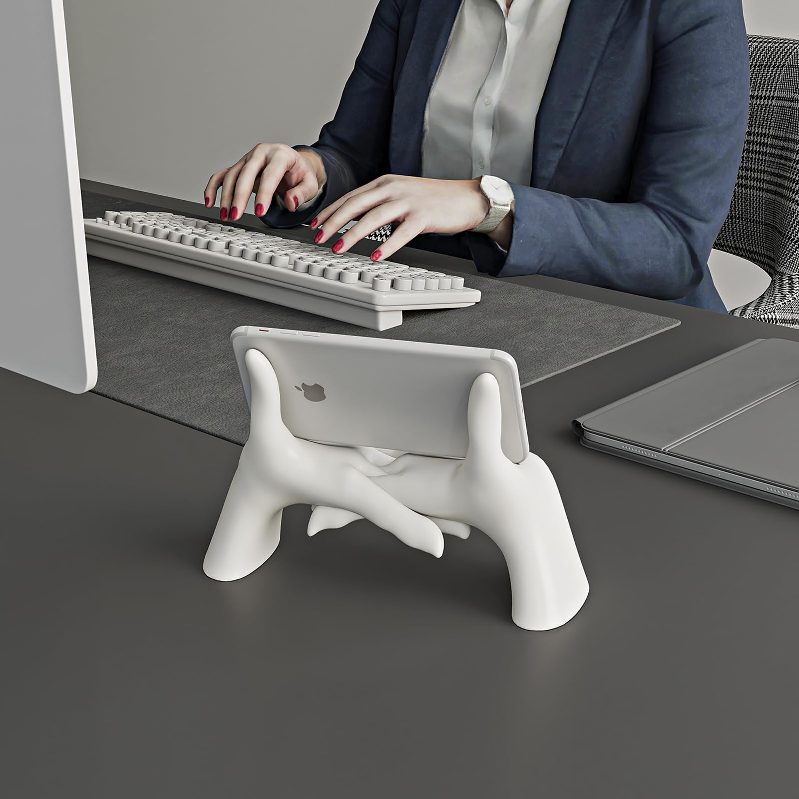 Left. PO3TICJUNKI3 - Eternal Hands Sculpture Fanny Phone Stand Stylish Home   Office Decor Elegant Organizer Innovative Key Holder - White.