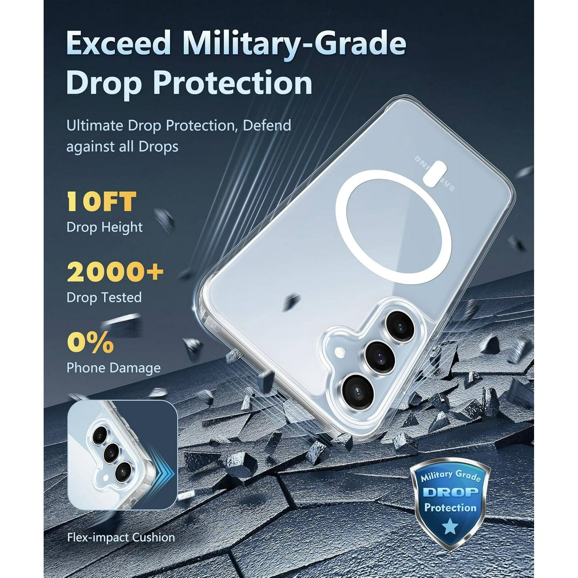 Exceed Military-Grade Drop Protection, Ultimate Drop Protection, Defend against all Drops. 10FT Drop Height, 2000+ Drop Tested, 0% Phone Damage. Military Grade DROP Protection, Flex-impact Cushion.