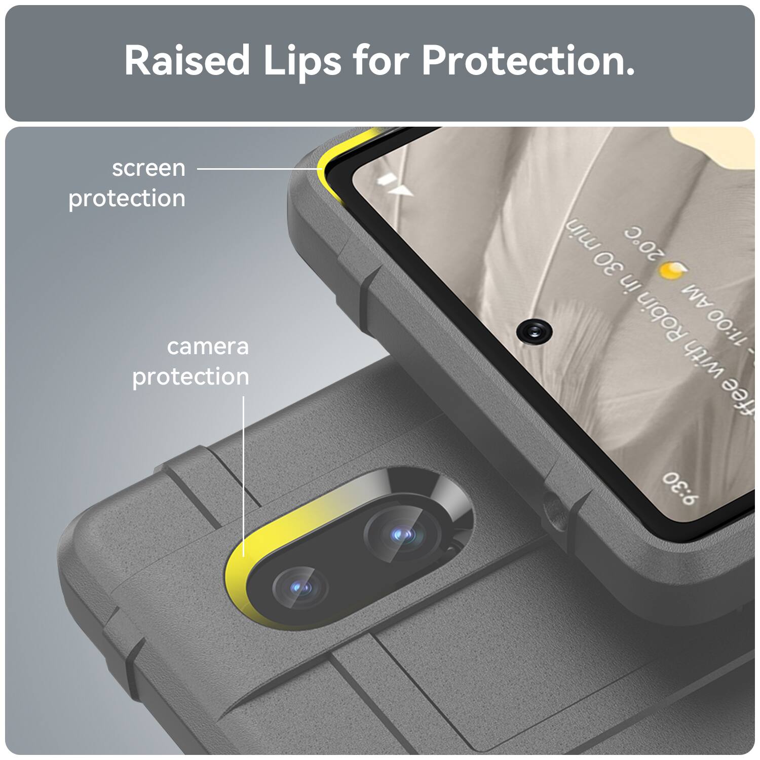 Raised Lips for Protection.  
screen protection  
camera protection  

min 20C  
30 in AM  
Robin 11:00  
ffee 9:30