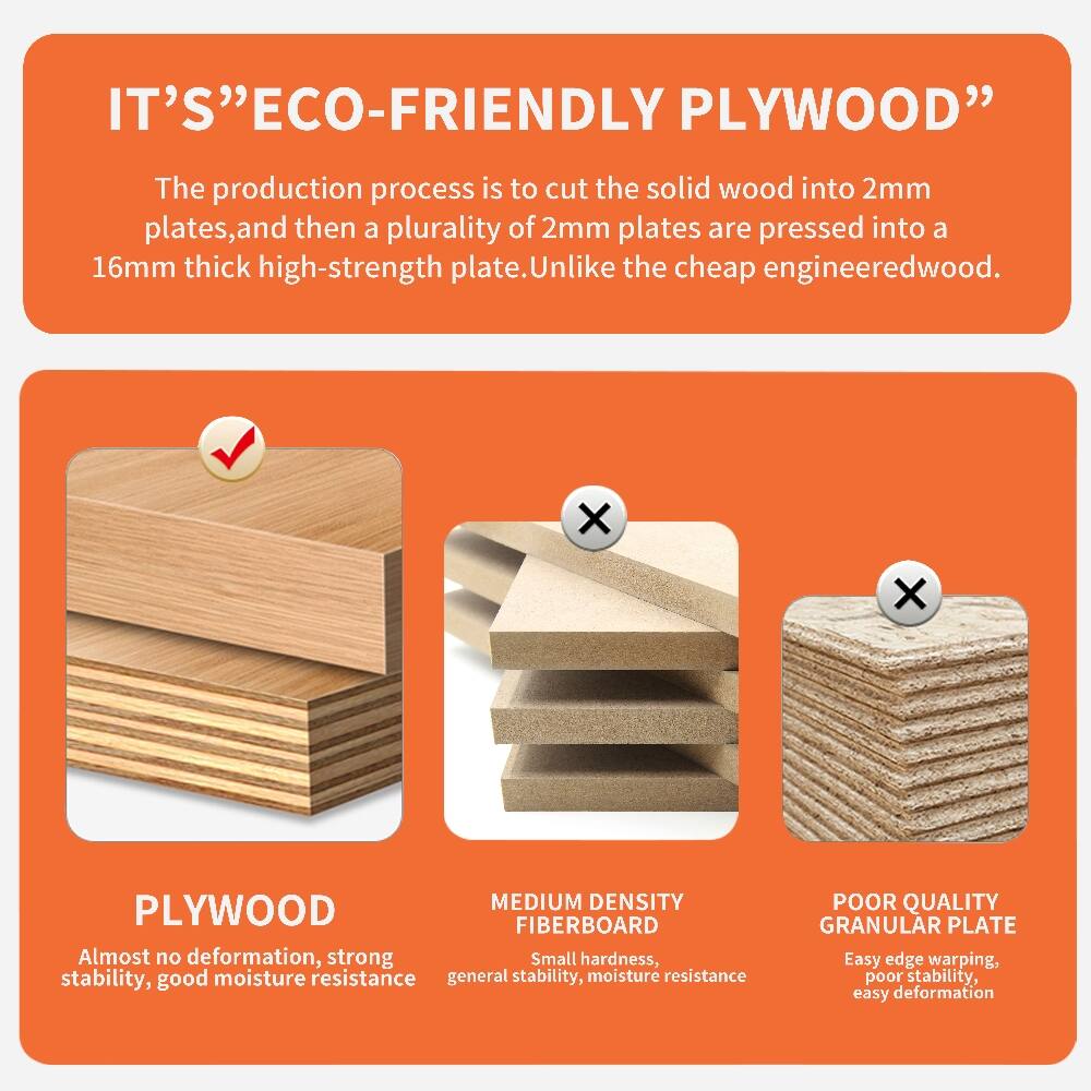 IT'S "ECO-FRIENDLY PLYWOOD"

The production process is to cut the solid wood into 2mm plates, and then a plurality of 2mm plates are pressed into a 16mm thick high-strength plate. Unlike the cheap engineered wood.

PLYWOOD
Almost no deformation, strong stability, good moisture resistance

MEDIUM DENSITY FIBERBOARD
Small hardness, general stability, moisture resistance

POOR QUALITY GRANULAR PLATE
Easy edge warping, poor stability, easy deformation