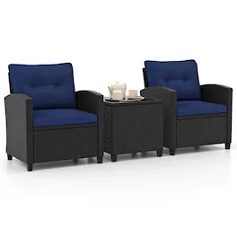 Costway - 3 PCS Patio Furniture Set with Tempered Glass Coffee Table Washable Cushions - Navy
