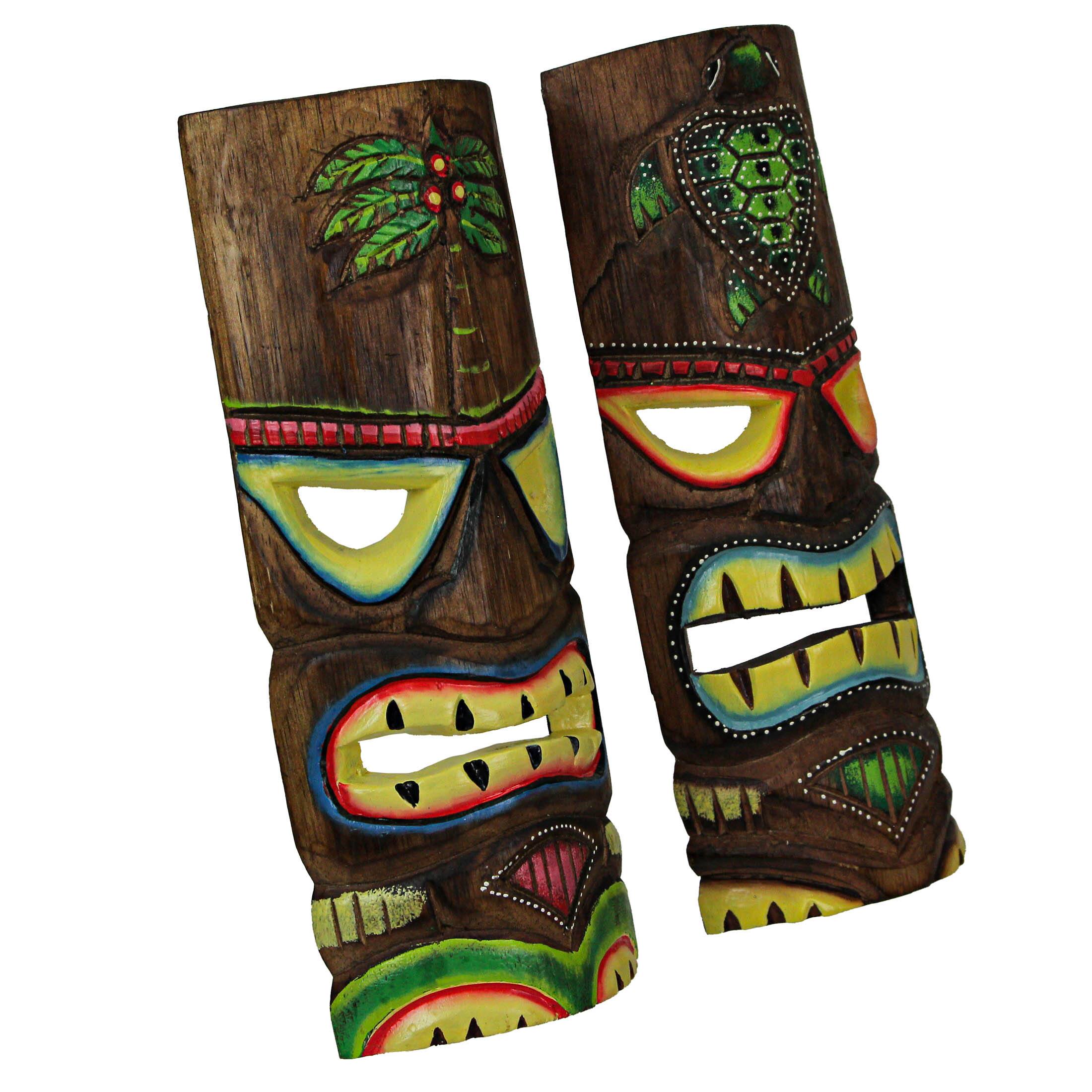 Alt View 1. Things2Die4 - 12 Inch Wood Hand Carved Tiki Mask Wall Art Palm Tree And Turtle Tropical Beach Home Decor Set of 2 - Multicolored.