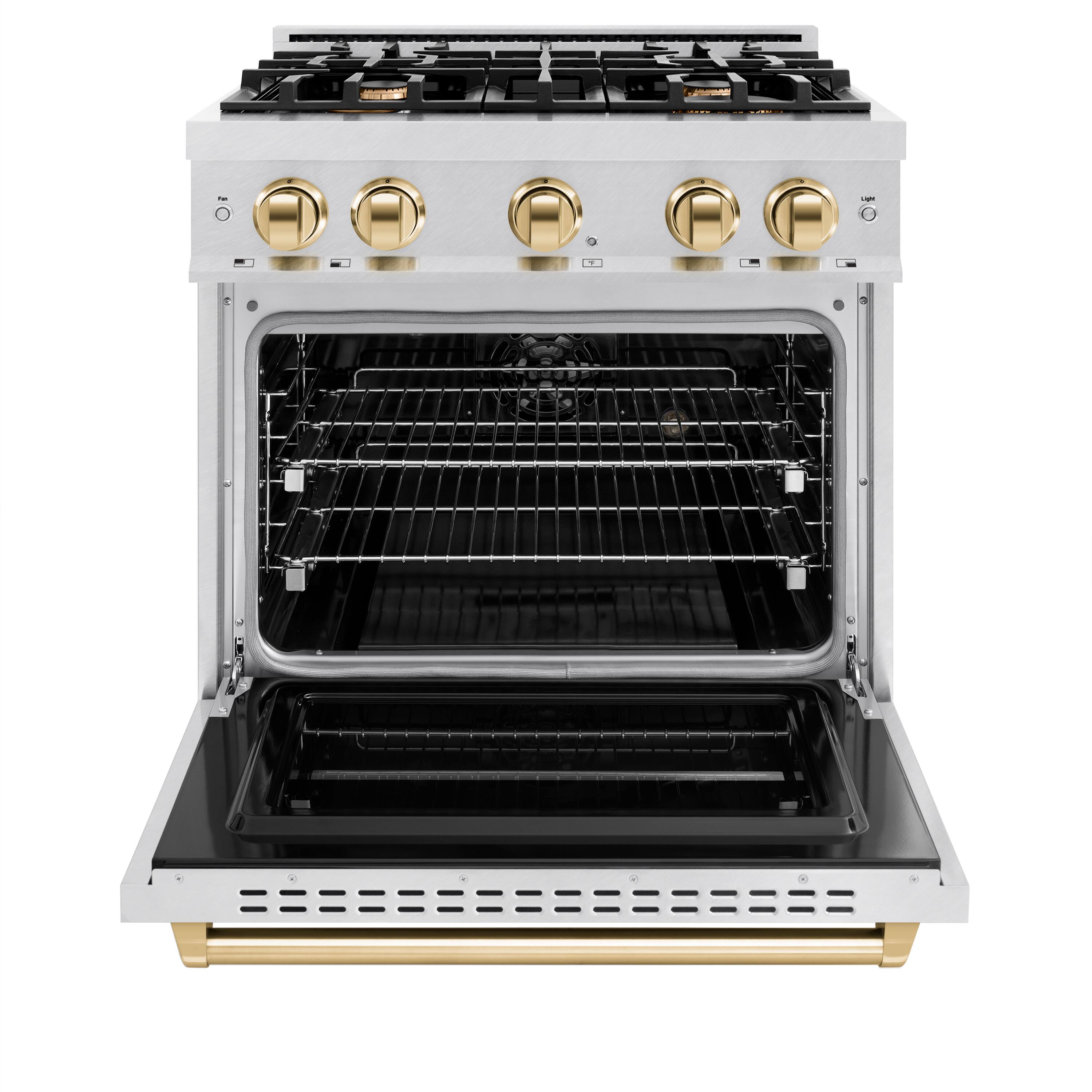 Angle. ZLINE - ZLINE Autograph 30 in. Classic Dual Fuel Satin Steel Range w/ 4 Burners & Gold Accents (CDRSZ-30-G) - Stainless Steel.