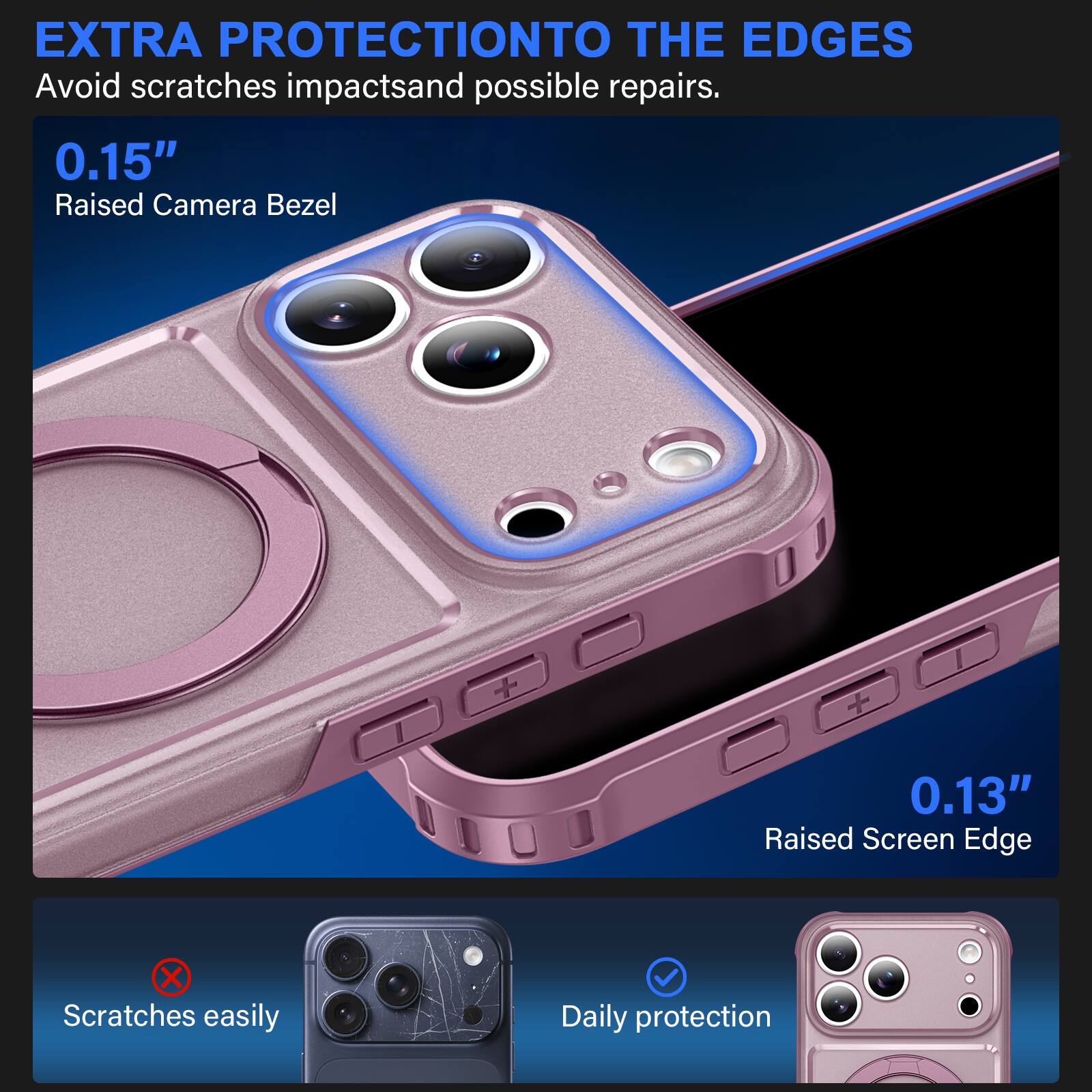EXTRA PROTECTION TO THE EDGES  
Avoid scratches, impacts, and possible repairs.  

0.15" Raised Camera Bezel  
0.13" Raised Screen Edge  

Scratches easily  
Daily protection