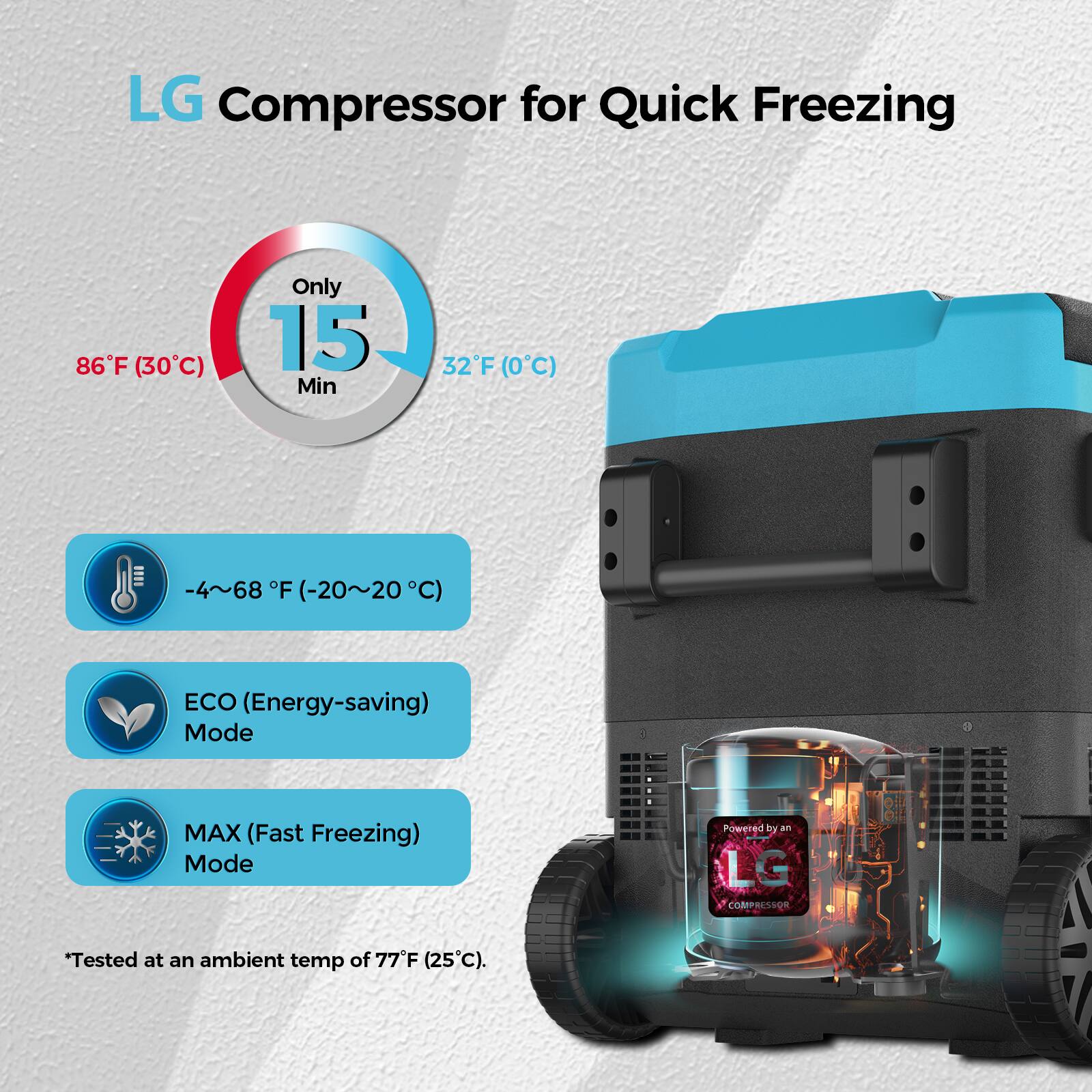 LG Compressor for Quick Freezing:

* 86°F (30°C) Only 15 Min
* 32°F (0°C) -4°~68°F (-20°~20°C)
* ECO (Energy-saving) Mode
* MAX (Fast Freezing) Mode
* Powered by a LG COMPRESSOR
* Tested at an ambient temp of 77°F (25°C).