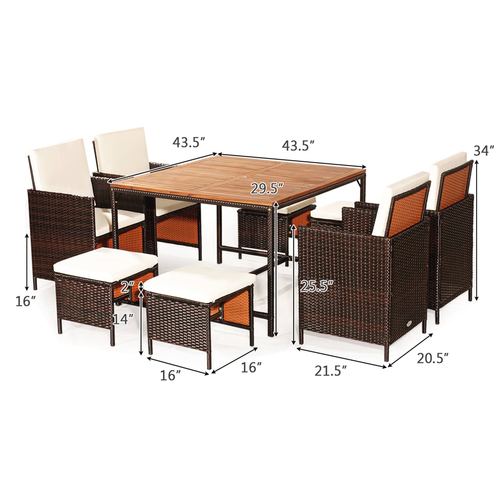 43.5" x 43.5" (table dimensions)  
29.5" (table height)  
34" (table depth)  
16" (chair seat width)  
14" (chair seat depth)  
2" (chair back height)  
25.5" (chair height)  
21.5" (chair width)  
20.5" (chair depth)