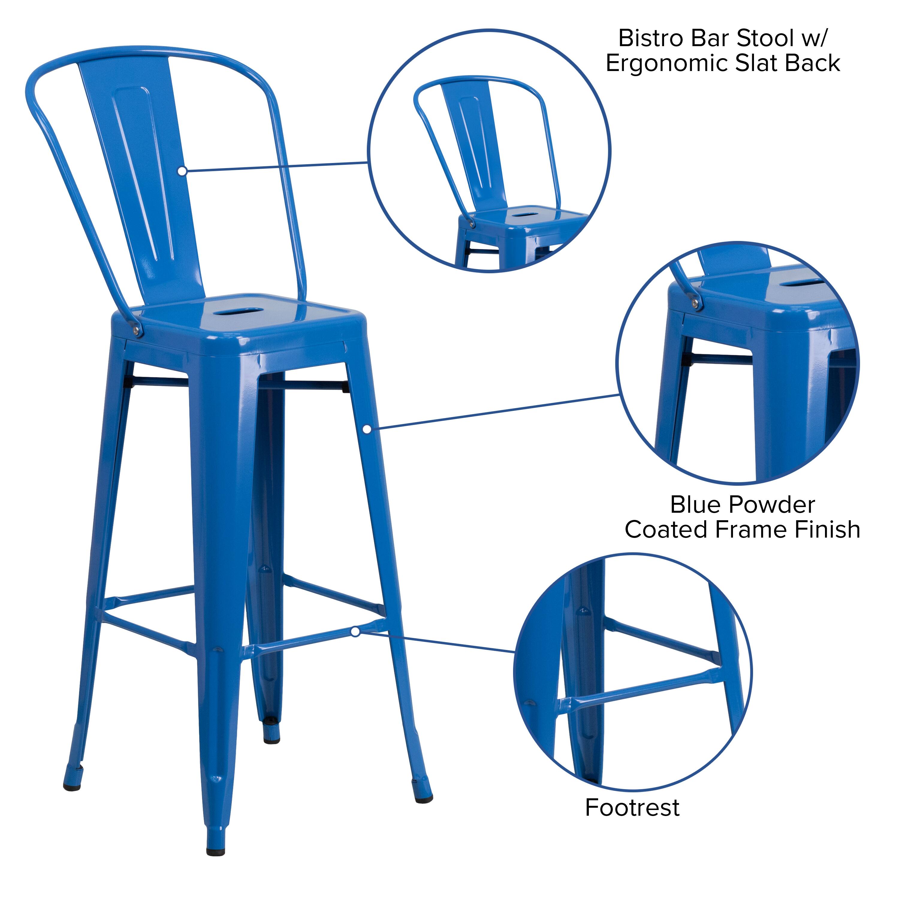 Bistro Bar Stool w/ Ergonomic Slat Back  
Blue Powder Coated Frame Finish  
Footrest