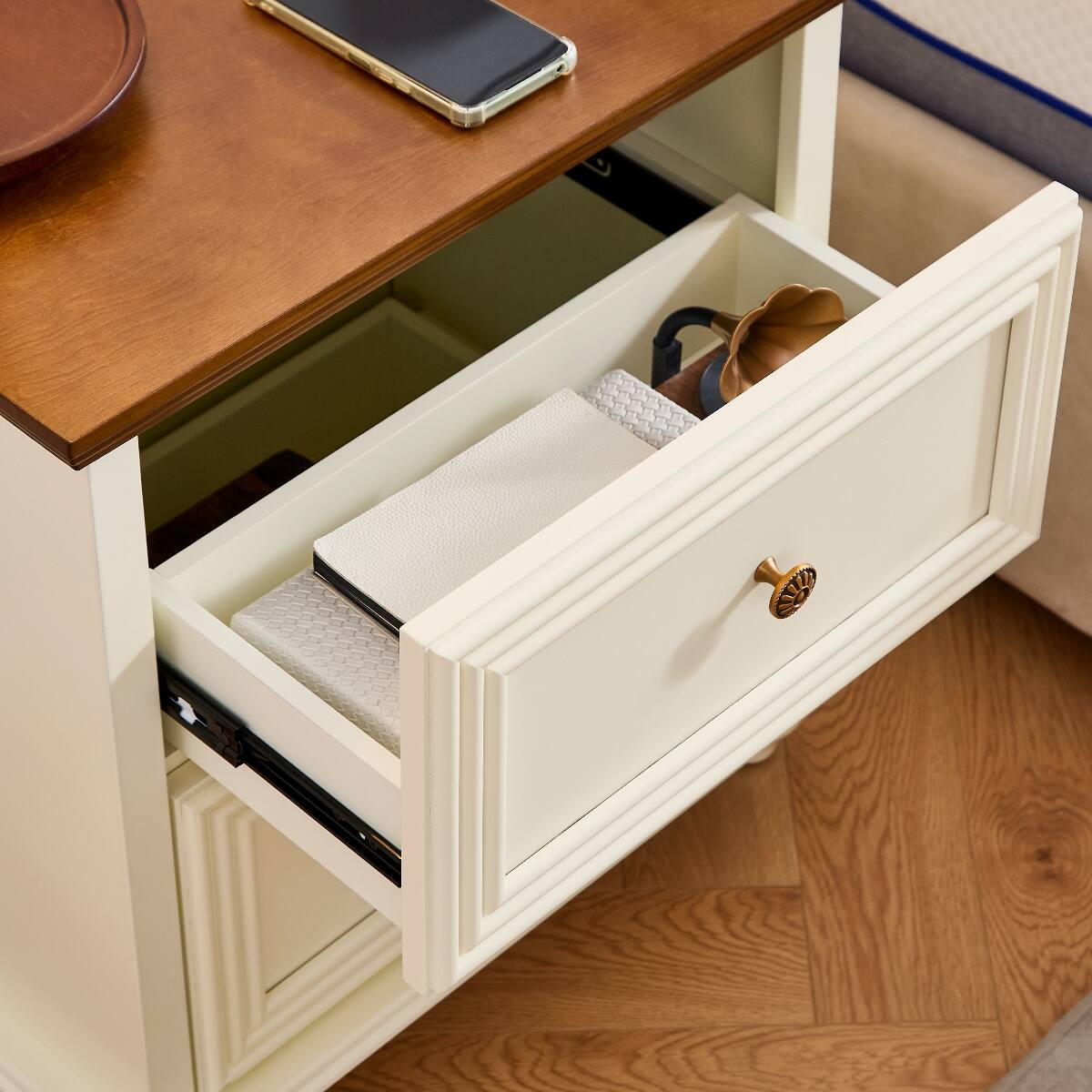 Alt View 2. Loheer - Loheer Mid Century Modern Nightstand with Charging Station, Two Drawers, Brown and White - Brown and White.