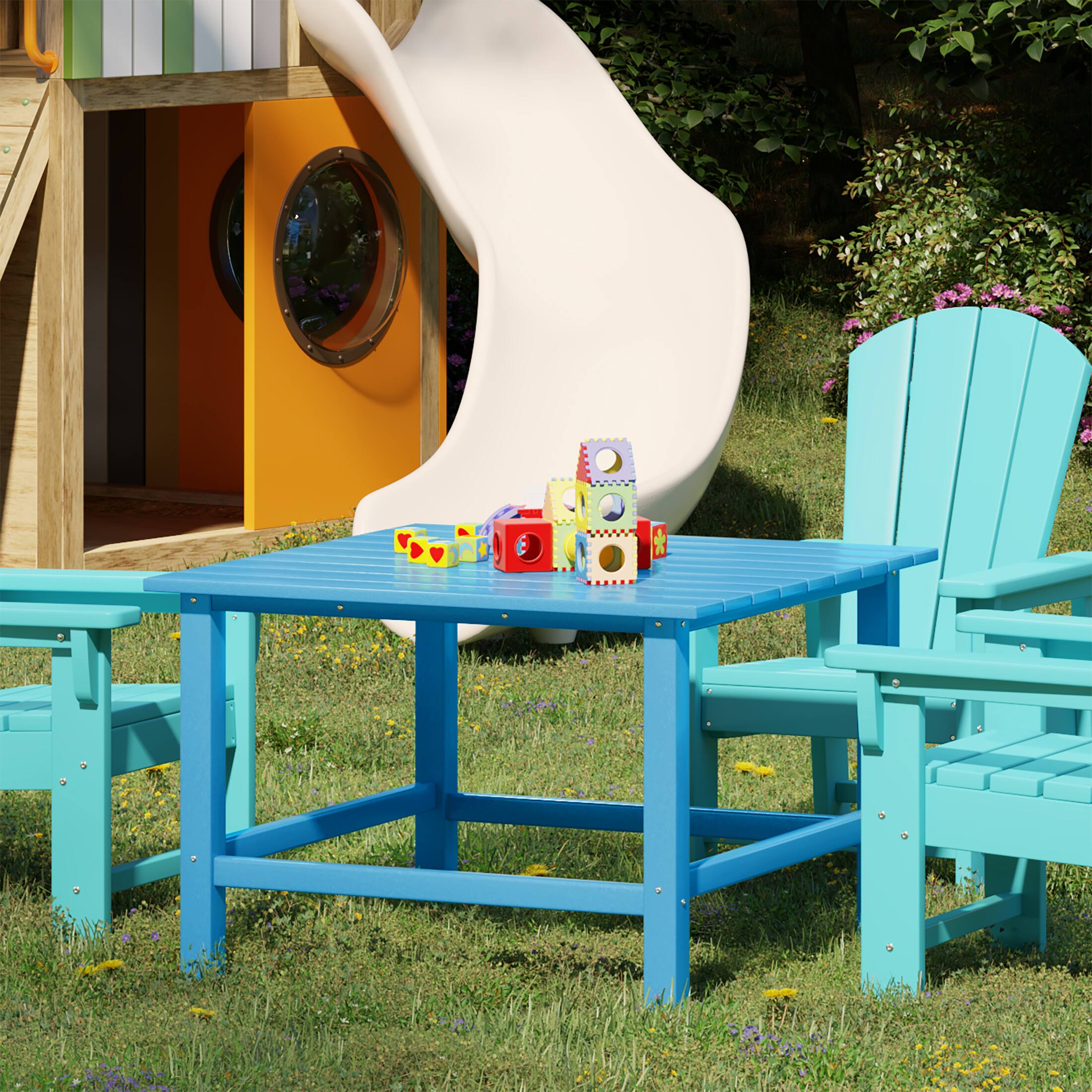 Angle. WestinTrends - WestinTrends Malibu Kids Outdoor Patio Furniture HDPE 30" Wide Square Dining Table - Pacific Blue.