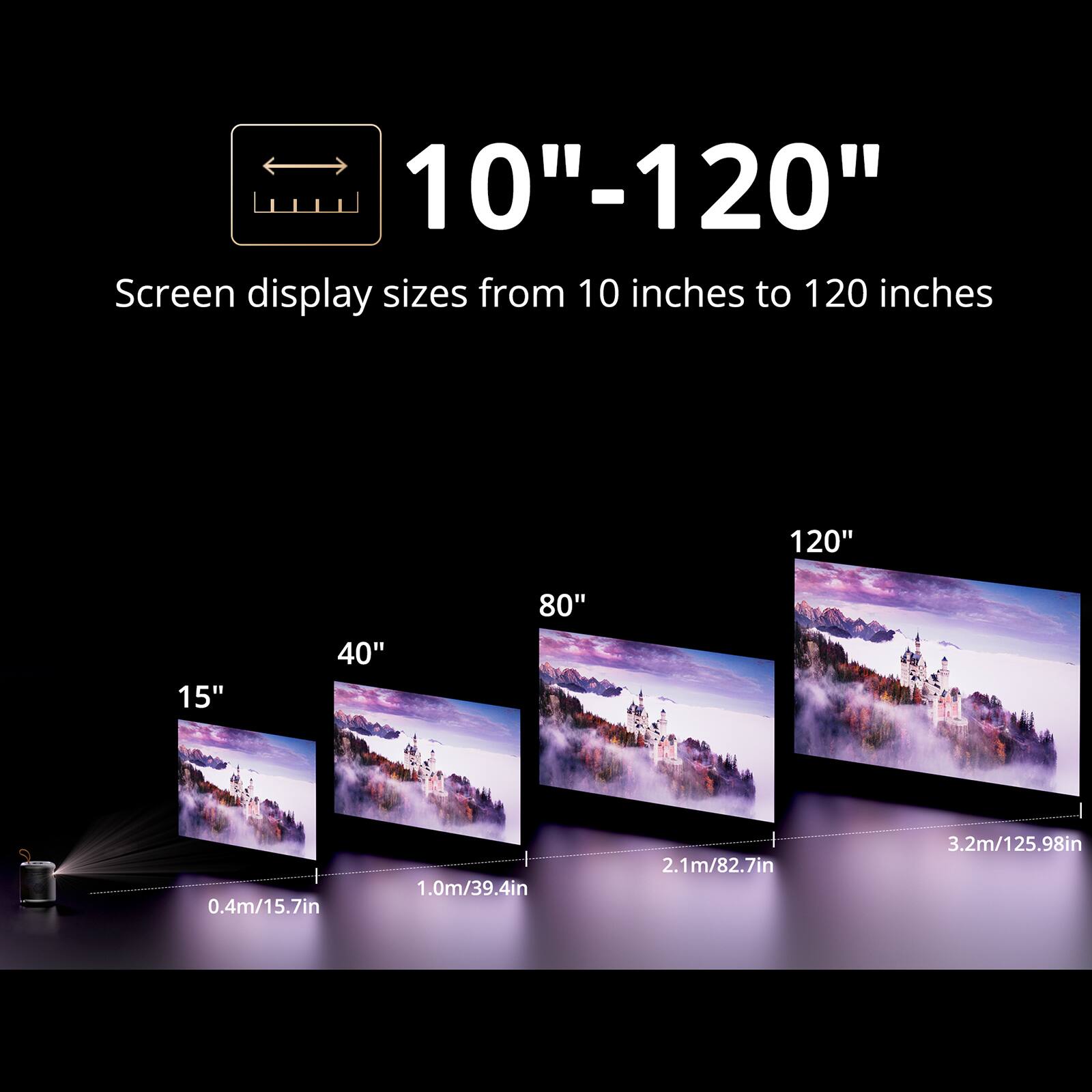 10"-120"  
Screen display sizes from 10 inches to 120 inches

15"  
0.4m/15.7in

40"  
1.0m/39.4in

80"  
2.1m/82.7in

120"  
3.2m/125.98in