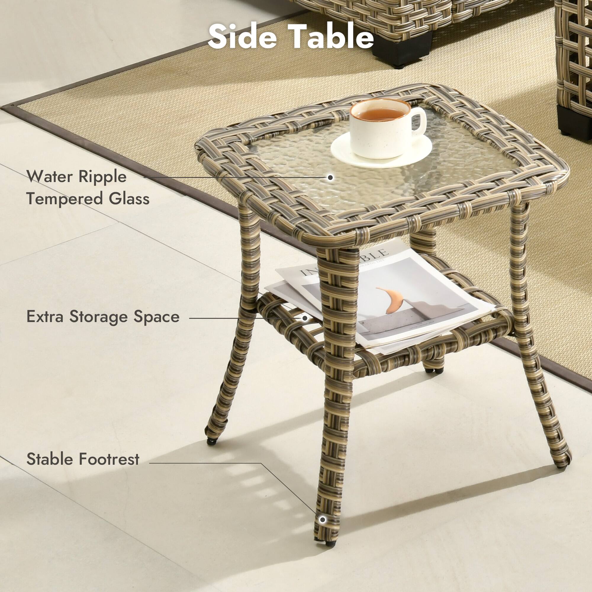 Side Table

- Water Ripple Tempered Glass
- Extra Storage Space
- Stable Footrest