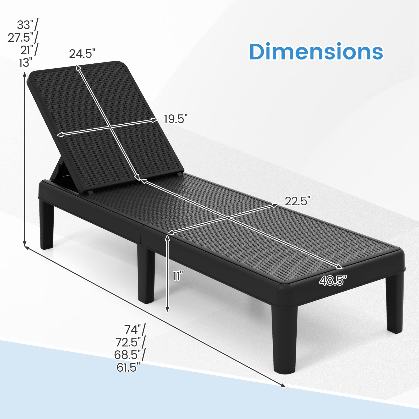 Dimensions

- 33" / 27.5" / 21" / 13"
- 24.5"
- 19.5"
- 22.5"
- 11"
- 48.5"
- 74" / 72.5" / 68.5" / 61.5"