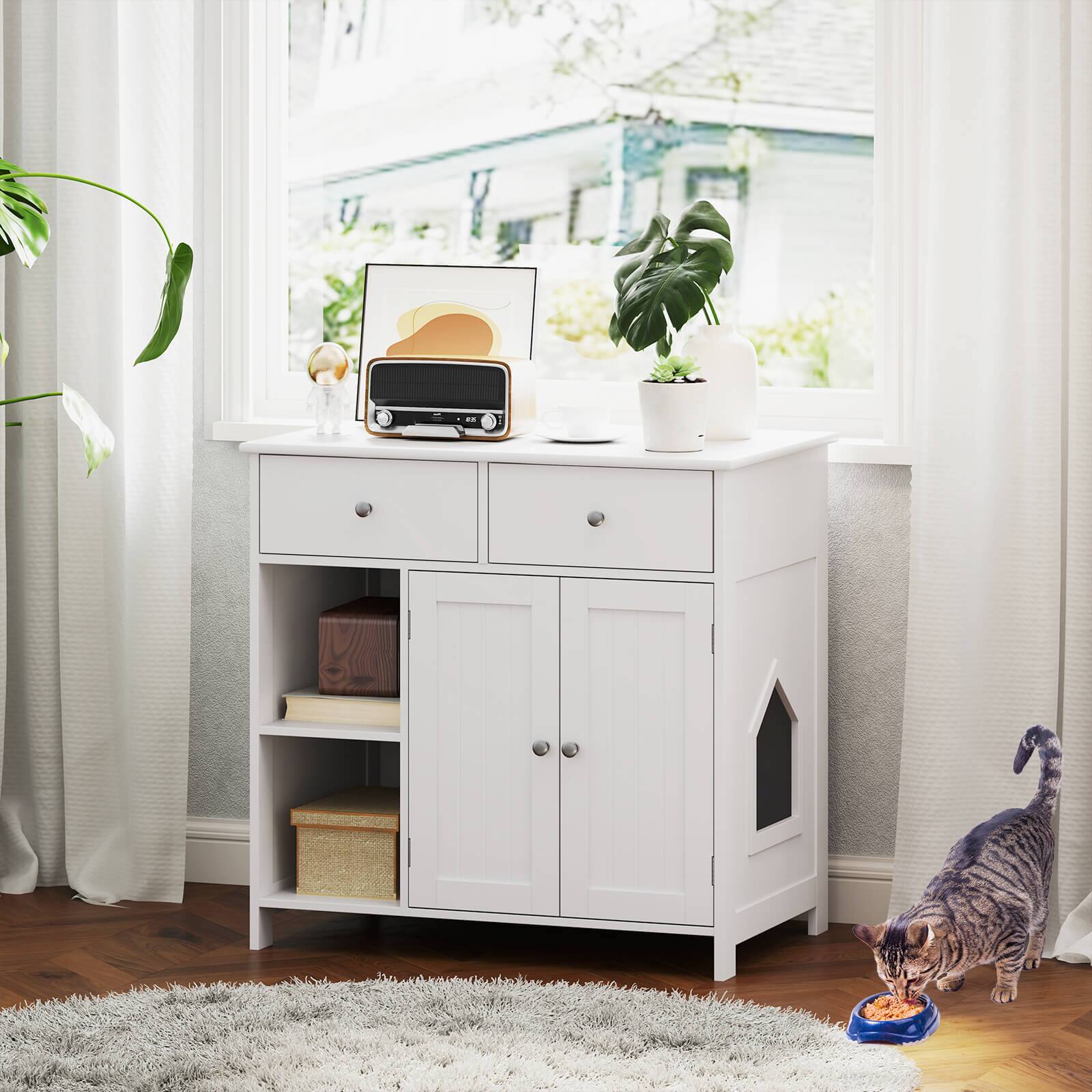 Alt View 1. Costway - Costway Cat Litter Box Enclosure with 2 Drawers Double Doors Open Shelves Modern Indoor - White.