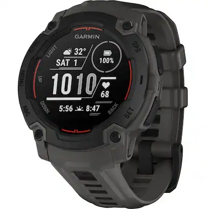 Garmin watch with GPS and GPS SAT 1 100% on the screen. The watch has a black band and is displaying the time as 5:56. The watch also has a menu button and a back button.
