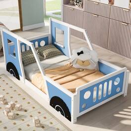 Loheer - Twin Size Classic Car Shaped Platform Bed with Wheels, Kids Wooden Bed Frame - Blue