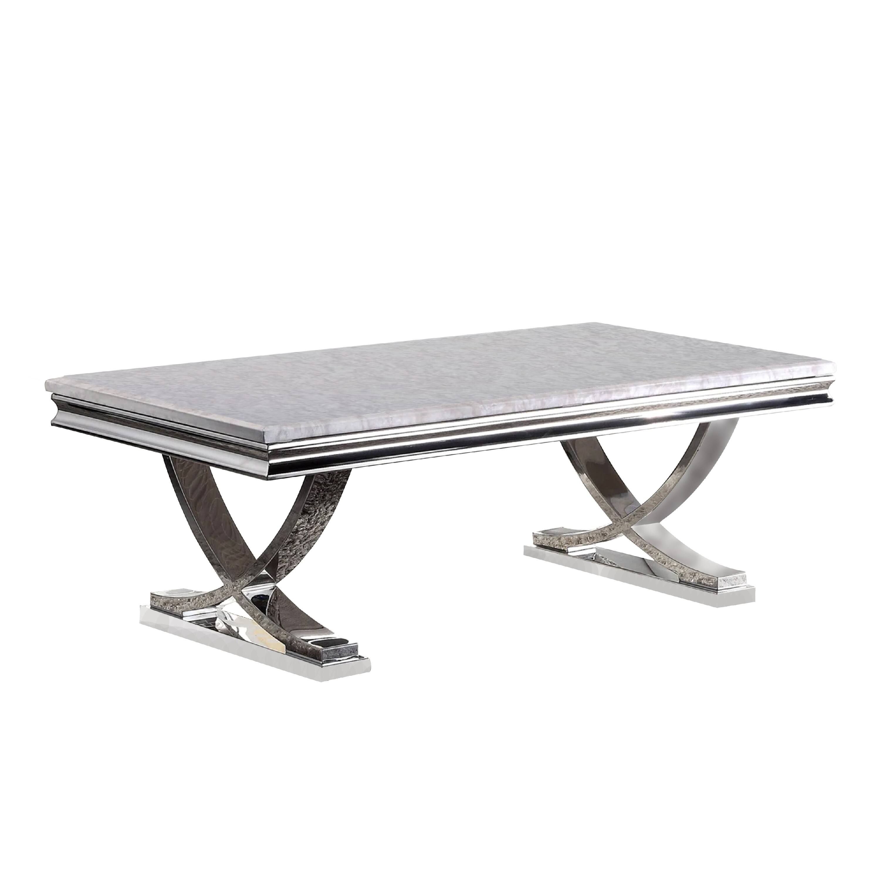 Front. Manhattan Lane - Wety Coffee Table, Faux Marble Top, Chrome Pedestal Base, 51 Inch - Chrome, White.