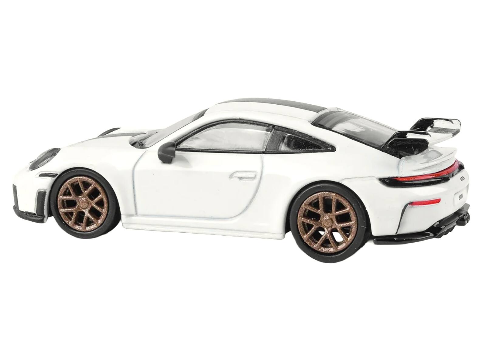 Angle. Paragon - 2025 Porsche 911 GT3 (992.2) Grand Prix White with Carbon Stripe 1/64 Diecast Model Car by Paragon - White.