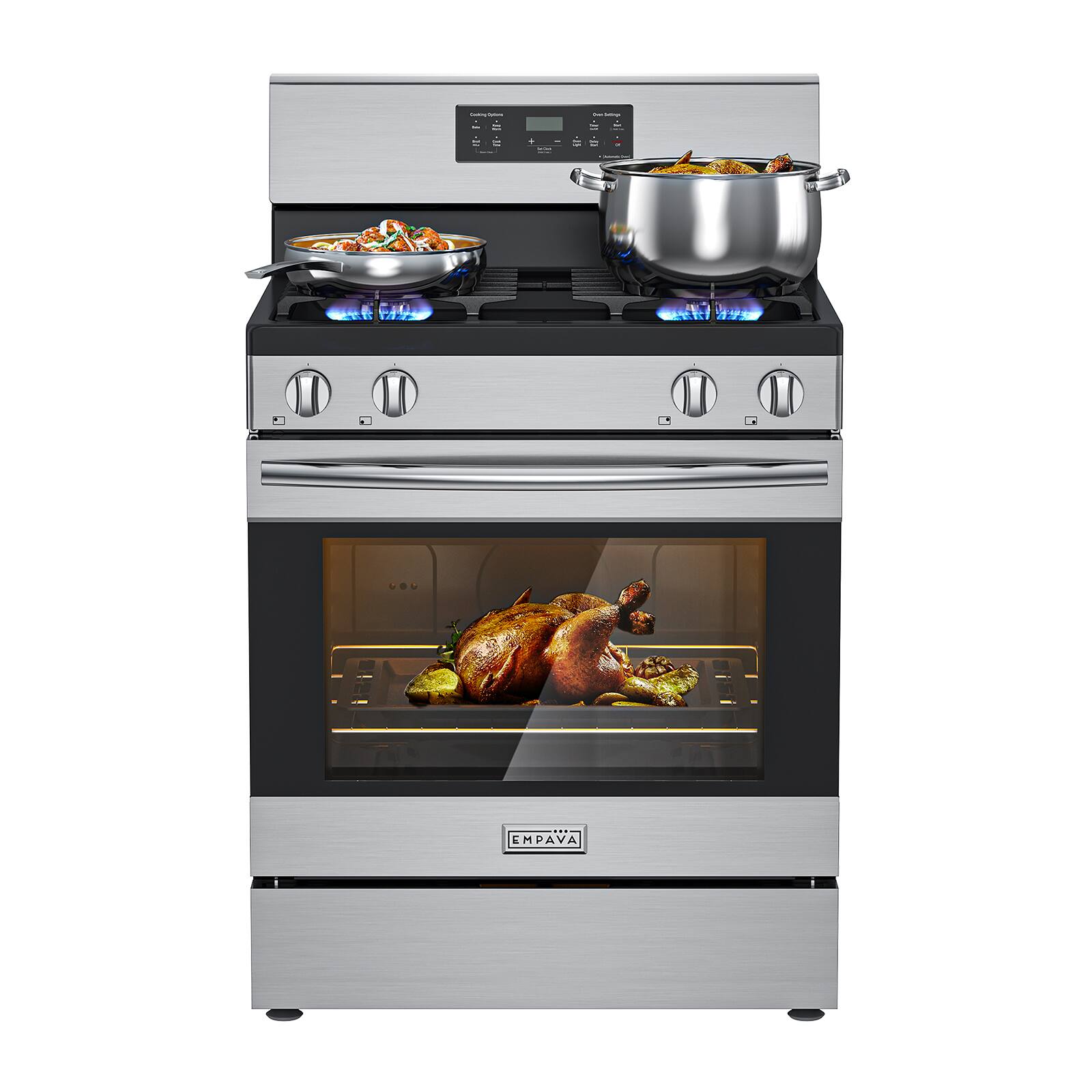 Alt View 5. Empava - 30 in. Natural Gas Range - 4 Burners (18K BTU) w/ 4.8 cu.ft Oven, Steam-clean, Storage Drawer, Rear Controls - Stainless steel.