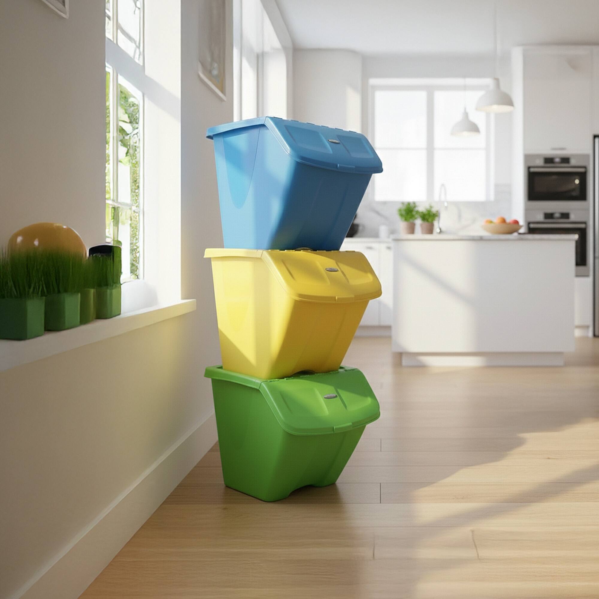 Alt View 2. Redmon - Redmon 10-Gal Stackable Shutter Bins, 3-Piece Recycling Storage Set, Multi-Color - Multicolor.