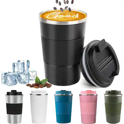 Front. Schertz - Insulated Travel Coffee Mug 12oz, Stainless Steel, Spill-Proof, Black - black.