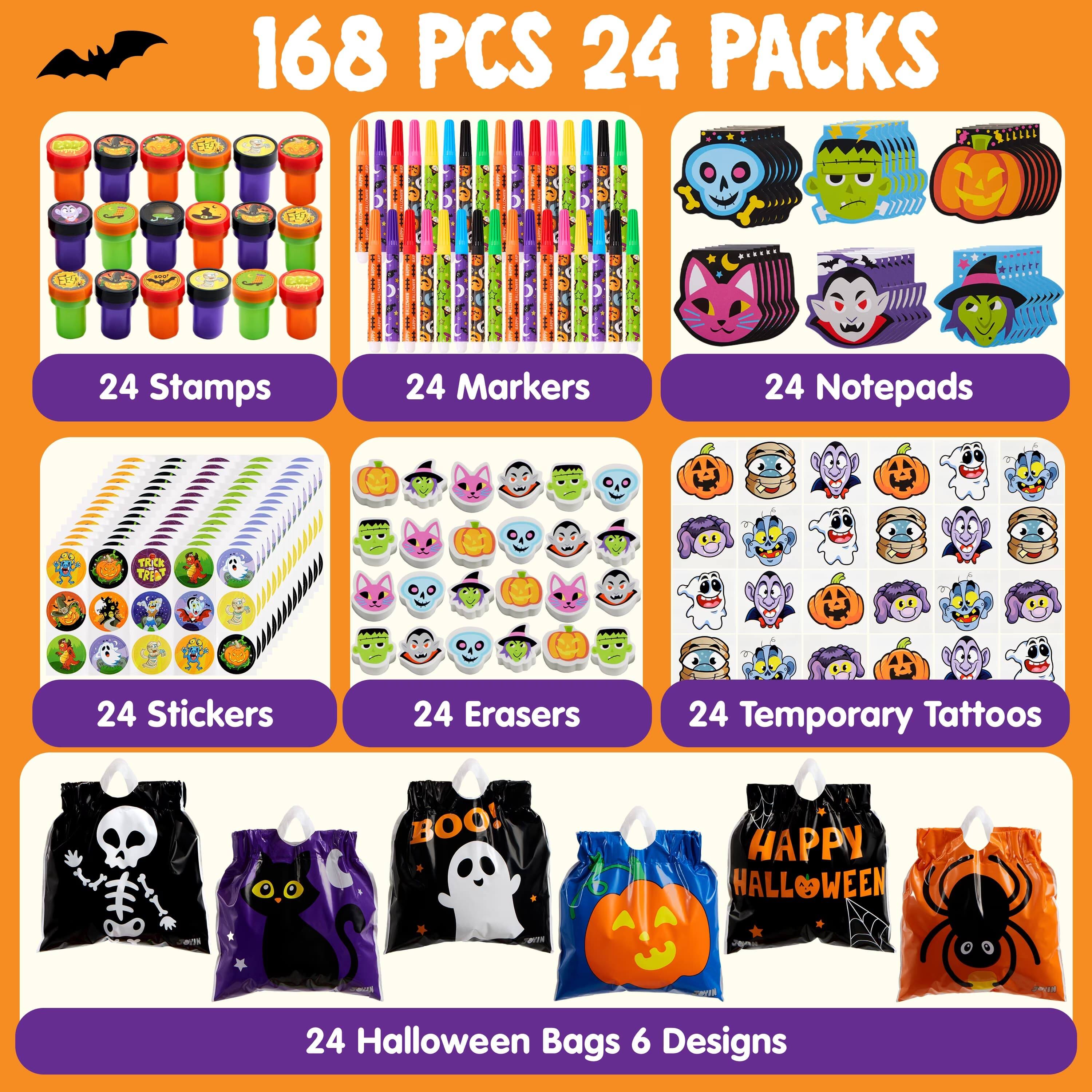 168 PCS 24 PACKS

24 Stamps
24 Markers
24 Notepads
24 Stickers
24 Erasers
24 Temporary Tattoos
24 Halloween Bags 6 Designs