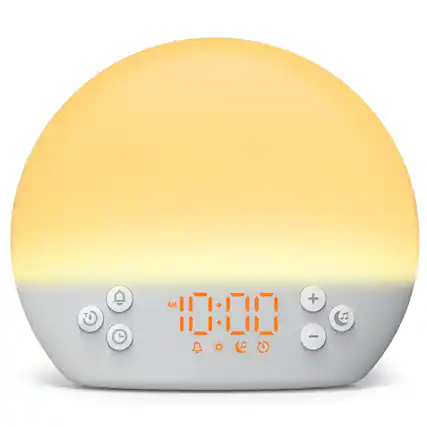 Front. Dazzed Corner - Sunrise Alarm Clock, Digital Clock with Dimmable Night Light - Ivory White.