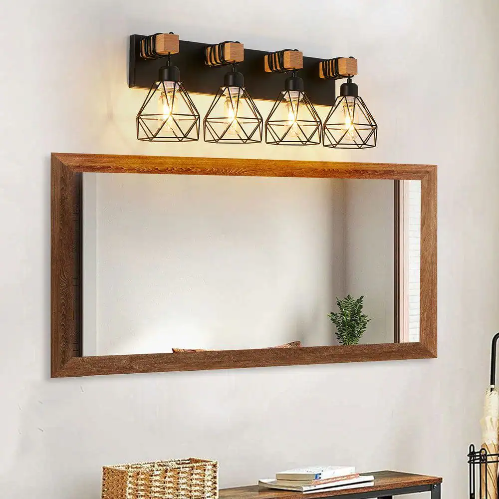 Alt View 6. Kadyn - 24" Modern Geometric 4-Light Vanity Light Fixture with Black Metal, Wooden Accents and Cage Lampshade, Black - Black.